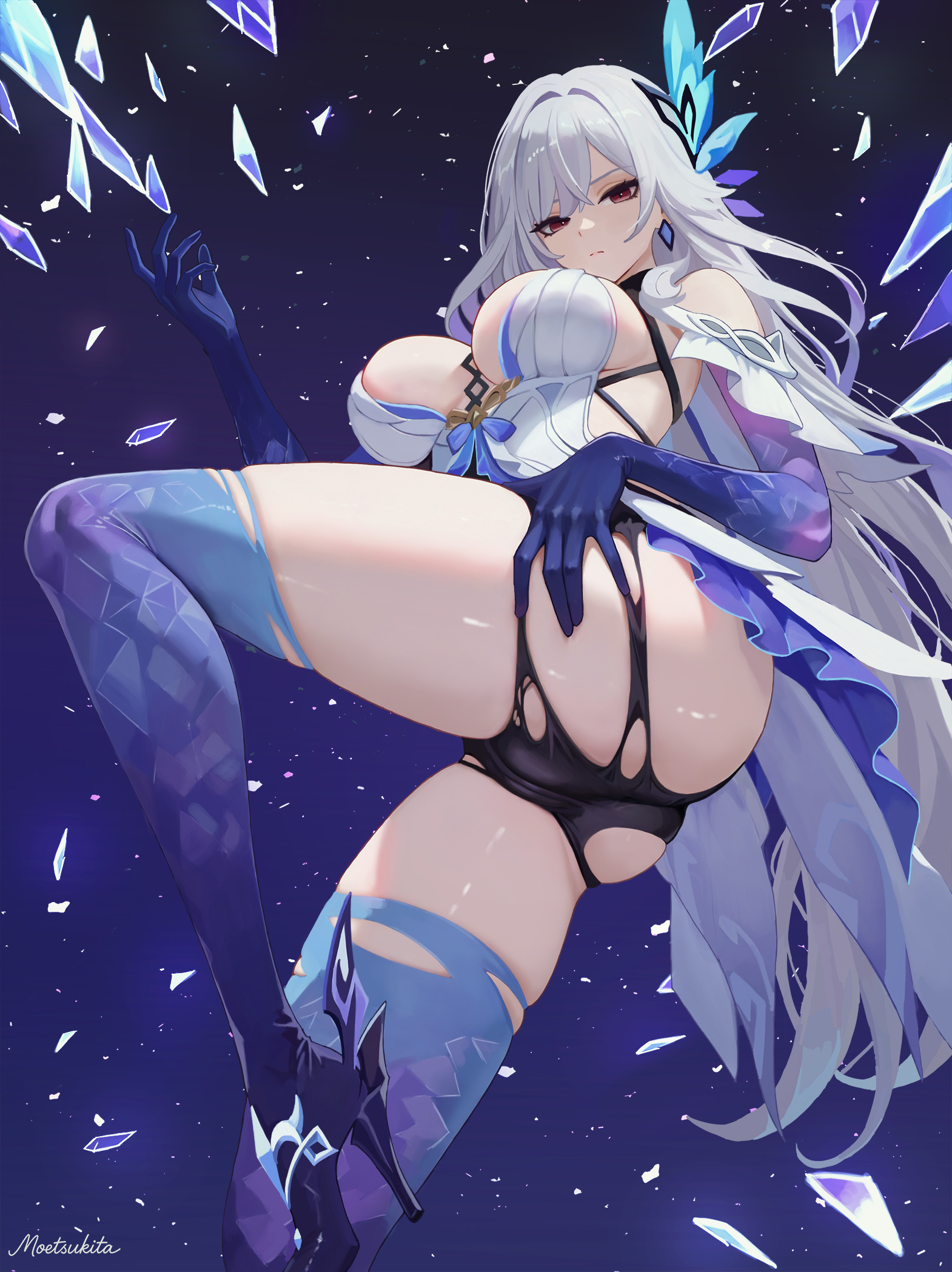 1girls, 2d, 2d (artwork), 2d artwork, ass, big ass, big breasts, breasts, female, female focus, female only, genshin impact, grabbing own ass, hi res, high resolution, highres, light skin, light-skinned female, moetsukita, non nude, skirk (genshin impact), thick thighs