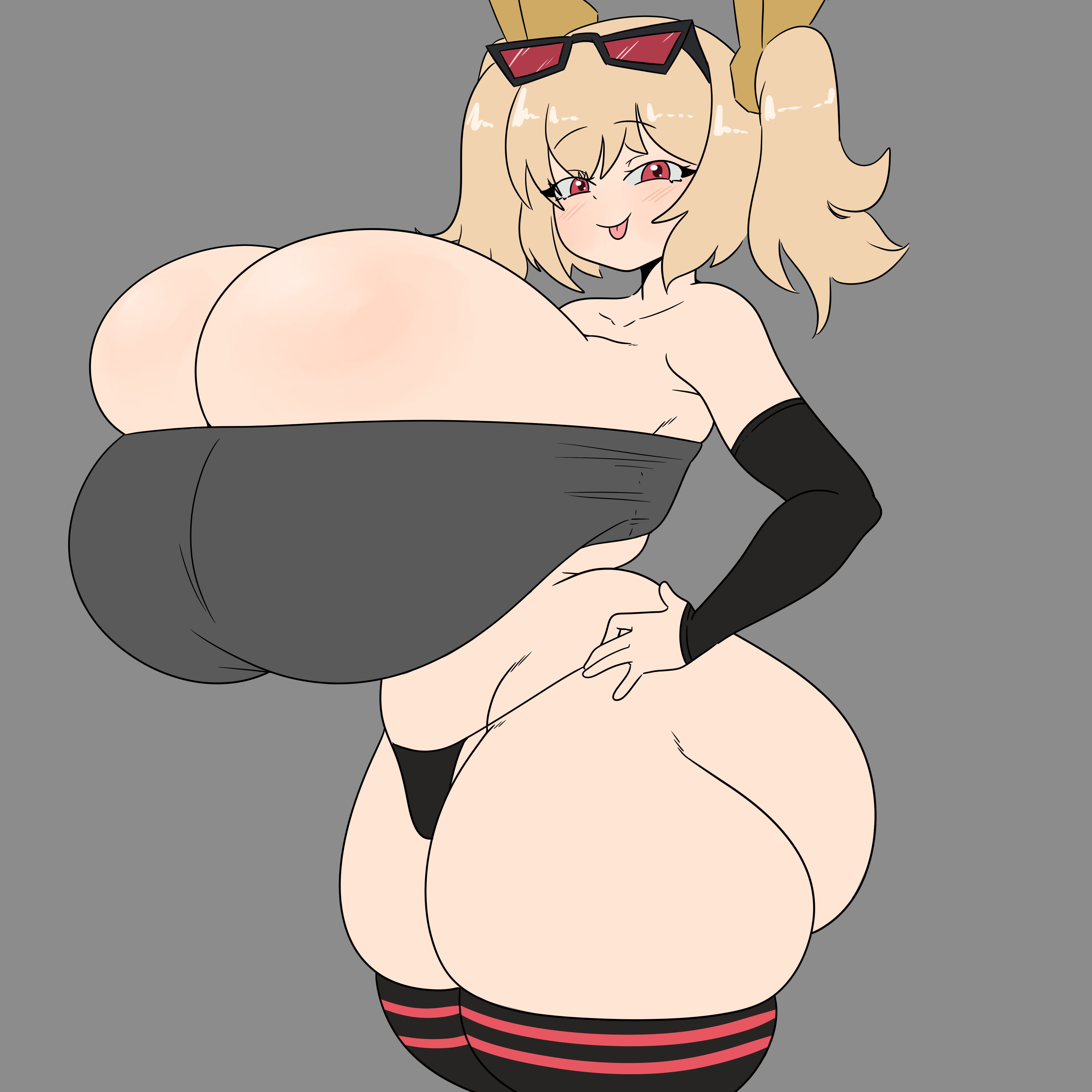 1girls, ass, blonde hair, blush, breasts, breasts bigger than head, burnice white, bursting breasts, busty, cleavage, eyebrows visible through hair, eyewear on head, female, female only, grey background, huge breasts, inakotho, looking at viewer, massive breasts, overflowing breasts, panties, red eyes, simple background, skindentation, smile, solo, striped thighhighs, sunglasses, thick thighs, thighhighs, tied hair, tinted eyewear, twintails, zenless zone zero