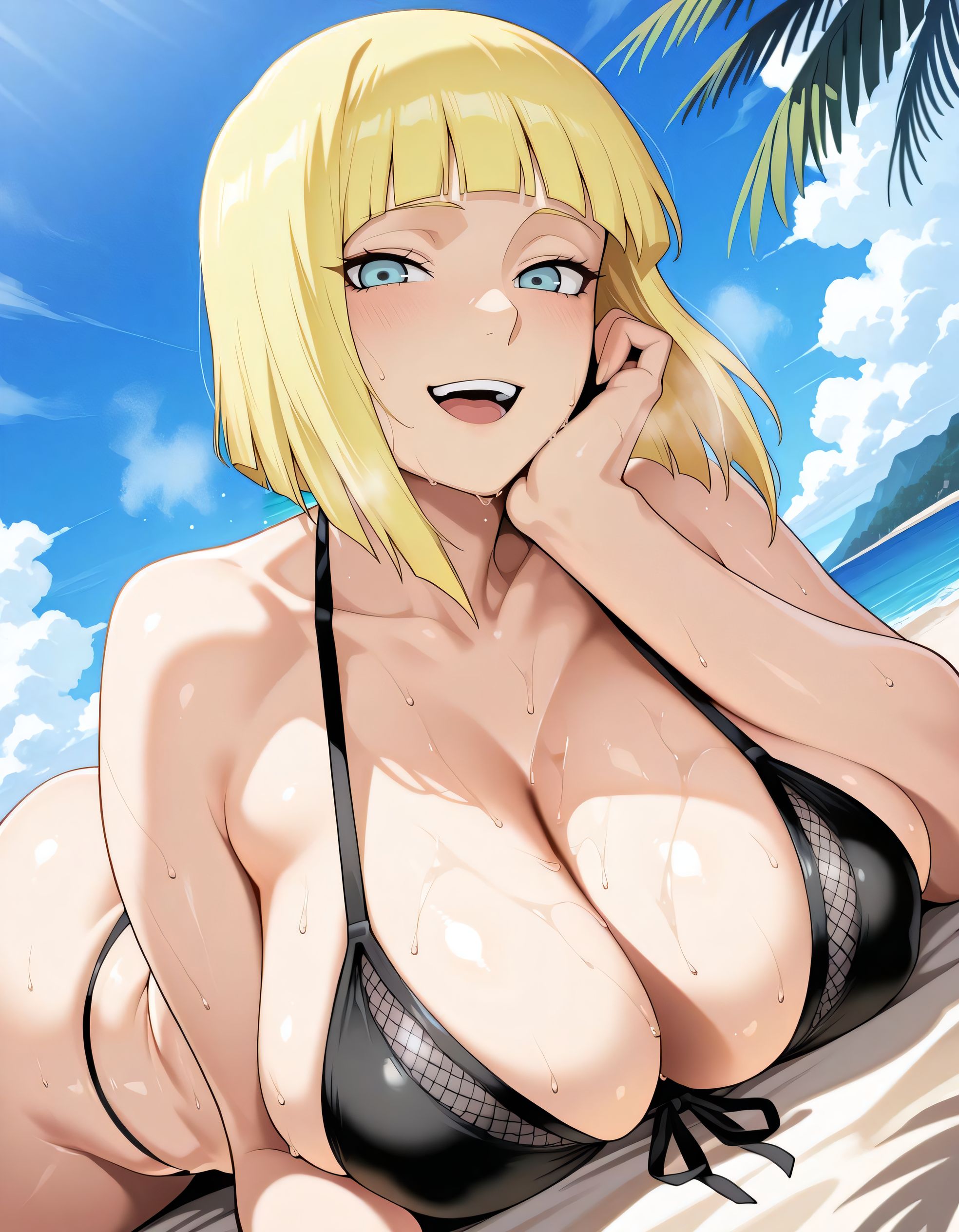 1girls, ai generated, ass, background, bangs, beach, big ass, big breasts, bikini, bikini bottom, bikini top, black bikini, black swimsuit, blonde female, blonde hair, blue eyes, blunt bangs, blush, bob cut, breast focus, breasts, breasts bigger than head, cleavage, eyelashes, female, female focus, female only, focus on chest, kunoichi, large ass, large breasts, light skin, light-skinned female, looking at viewer, lying on stomach, massive breasts, naruto, naruto (series), naruto shippuden, ninja, no sex, open mouth, pale skin, pale-skinned female, samui, seaside, sfw, short hair, sky, smile, smirk, solo focus, sweat, sweaty, swimsuit, swimwear, voluptuous, voluptuous female