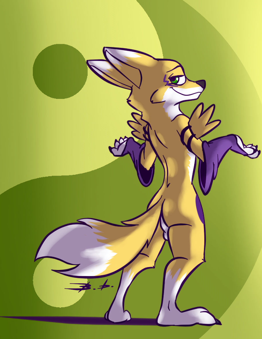 anthro ass backsack balls bassy_wolfeh bassywolfeh black_nose canid canine cosplay digimon digimon_(cosplay) digimon_(species) disney fox fur green_eyes looking_at_viewer looking_back male male_only mammal multicolored_fur nick_wilde nude paws renamon renamon_(cosplay) simple_background smile solo standing two_tone_fur white_fur yellow_fur zootopia