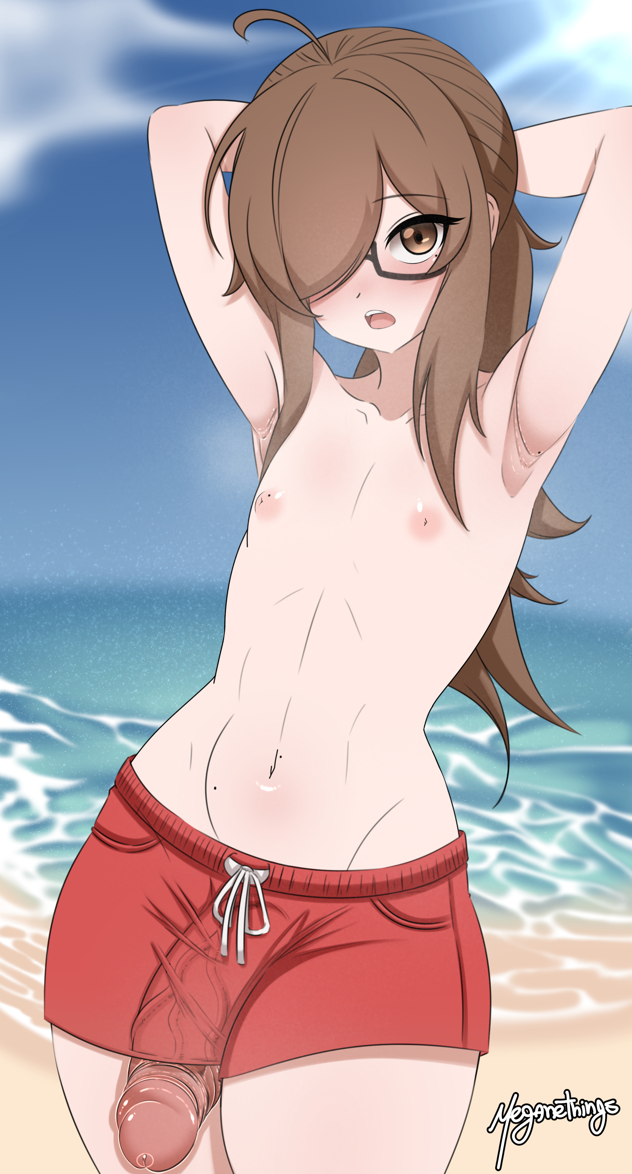 1boy, 1femboy, armpit, armpits, background, beach, brown eyes, brown hair, embarrassed nude femboy, female, femboy, glasses, hair covering eye, hands behind head, huge cock, huge penis, hung femboy, light skin, light-skinned femboy, light-skinned male, long hair, looking at viewer, male, meganethings, open mouth, otoko no ko, penis, penis out, penis outline, penis peek, penis poking out, penis under clothes, precum, shorts, solo, solo female, solo focus, solo male, standing, veiny penis, wide hips, yume (meganethings)