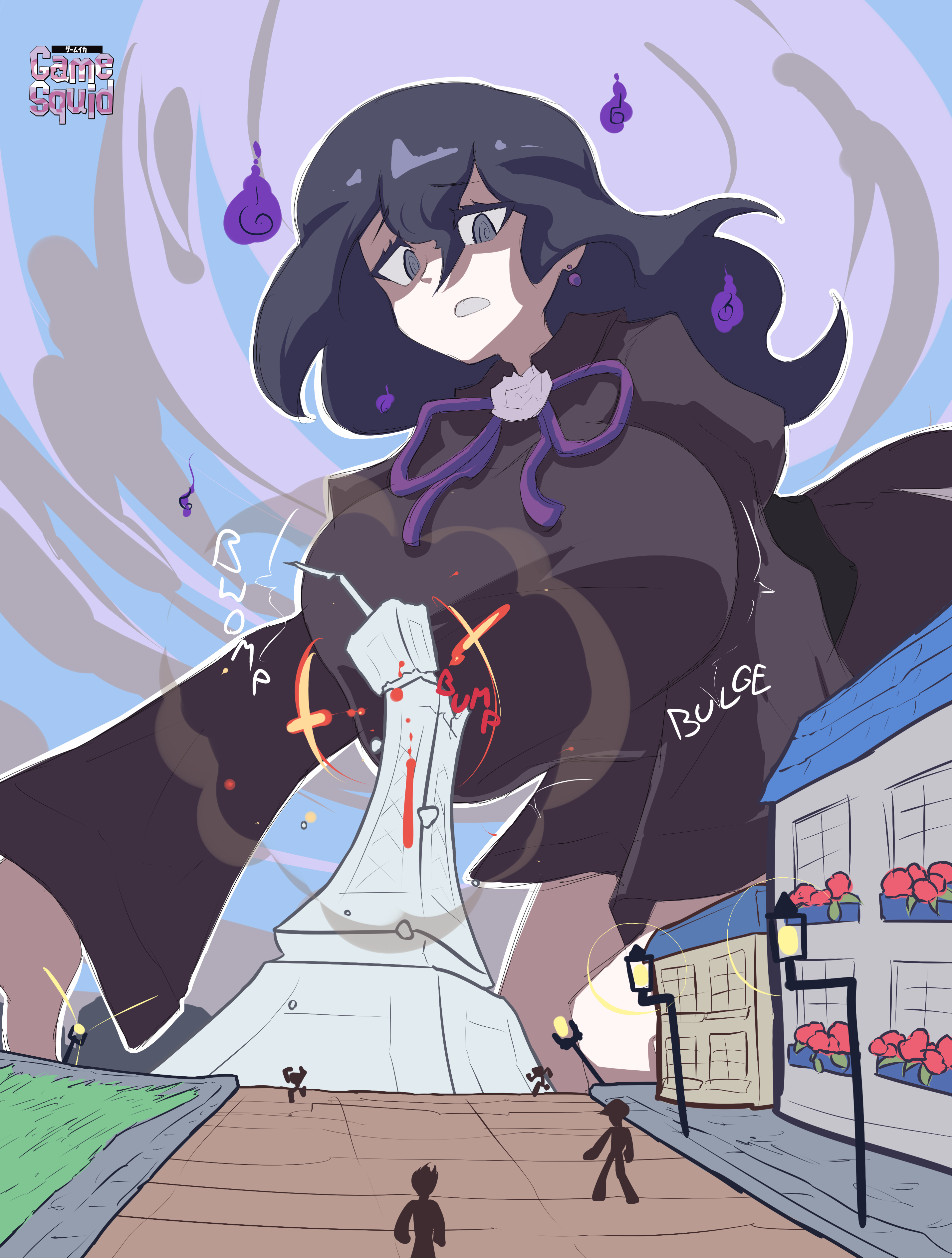 big breasts, breasts, city, destruction, female, game freak, gamesquid, giantess, hex maniac, hex maniac (pokemon legends: z-a), huge breasts, jiggle, macro, nintendo, pokemon, pokemon legends: z-a, solo focus, tower