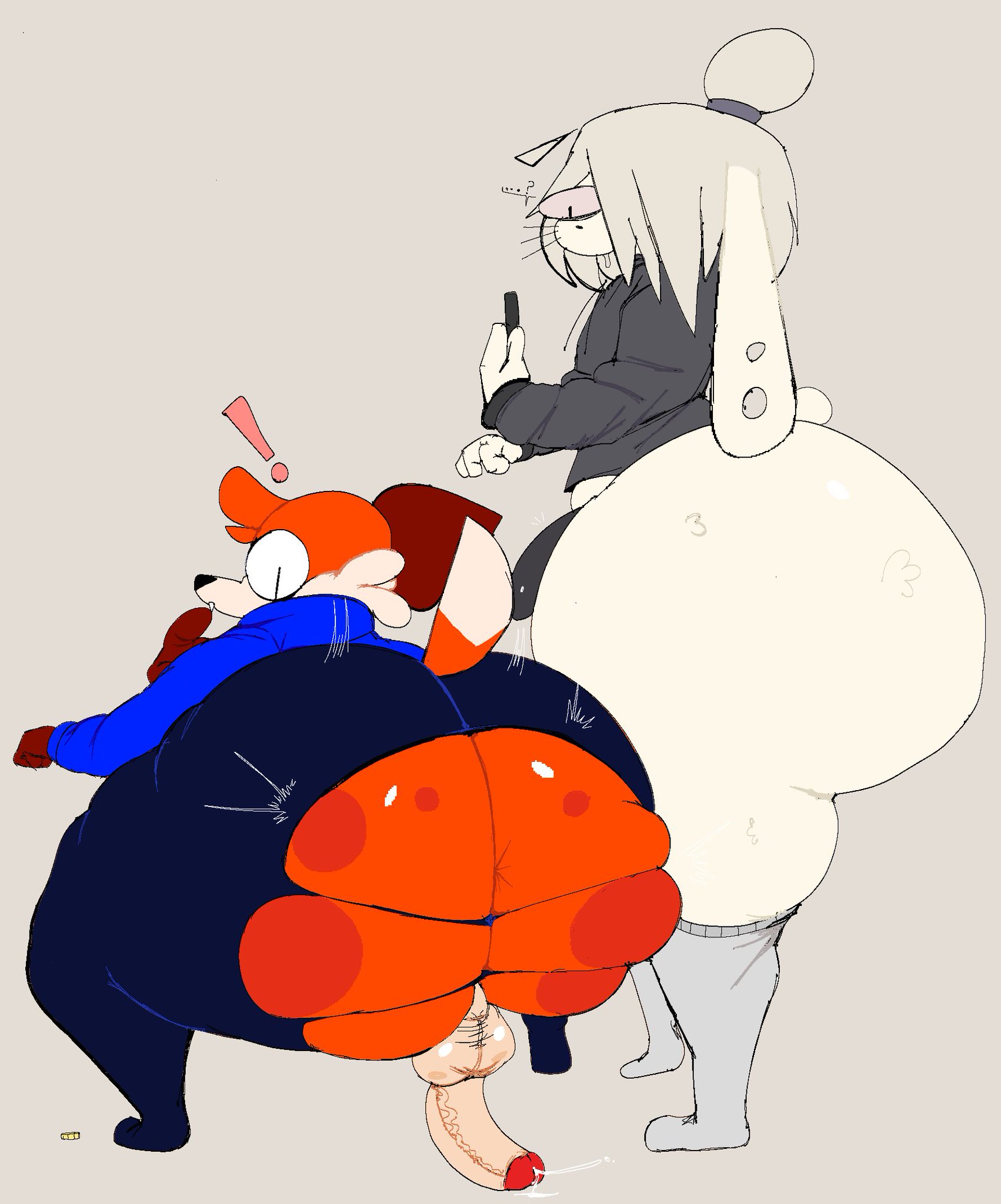 2boys, anothercat, anthro, ass, ass bigger than head, balls, big ass, bubble butt, bulge, canid, canine, dump (anothercat), dumptruck ass, femboy, femboy bunny (anothercat), fox, huge ass, hyper ass, lagomorph, large ass, looking back, male, male only, penis, precum, rabbit, ripped pants, soups (superiorfox), tagme, torn clothing