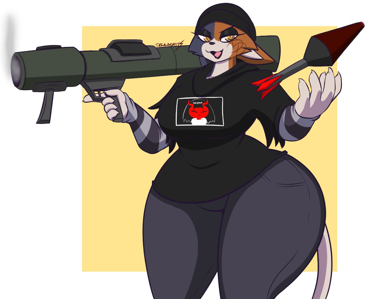 2025, anthro, armwear, big breasts, black body, black fur, bottomwear, breasts, calico cat, clothed, clothed anthro, clothed female, clothing, dewwydarts, dewwydartz, domestic cat, epic games, felid, feline, felis, female, fortnite, fur, furry, gun, gun smoke, huge breasts, humanoid, looking at viewer, mammal, meow skulls, meow skulls (fortnite), multicolored body, multicolored fur, orange body, orange fur, pants, pattern armwear, pattern clothing, ranged weapon, rocket, rocket launcher, shirt, simple background, smoke, solo, striped armwear, striped clothing, stripes, t-shirt, tagme, thick thighs, topwear, weapon, white body, white fur, wide hips