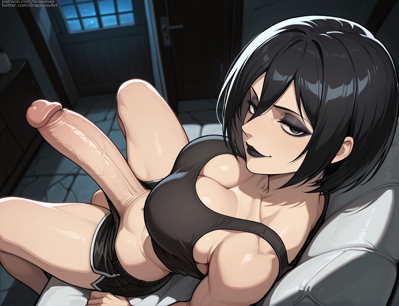 1futa, ai generated, attack on titan, futa only, futanari, grapesss, intersex, light skin, light-skinned futa, mikasa ackerman, solo