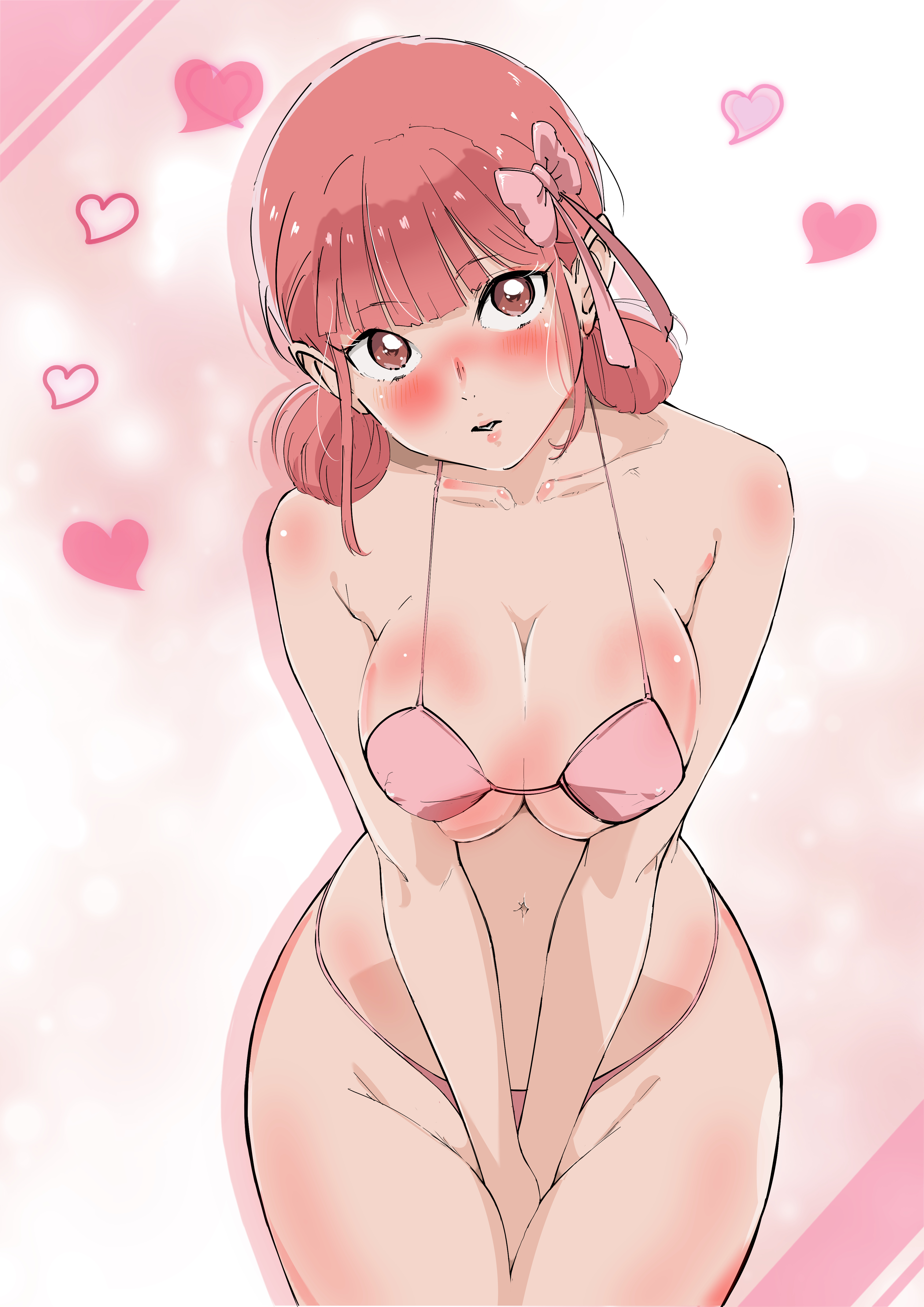 1girls, alternate breast size, ao no hako, arm between legs, arms between legs, bare belly, bare breasts, bare navel, belly, belly button, bewitching thighs, blunt bangs, blush, blush face, blushing at viewer, blushing female, breasts, brown eyes, brown-eyed female, bust cup, busty, busty female, busty teenager, child bearing hips, chono hina, cleavage, collarbone, coriponz, curvaceous, curvaceous body, curvaceous female, curvaceous figure, curvaceous hips, curvaceous teenager, curvaceous thighs, curvy, curvy body, curvy female, curvy figure, curvy hips, curvy thighs, exposed belly, exposed breasts, exposed midriff, exposed navel, eyebrows visible through hair, female, female focus, female only, groin, hair bun, hair ribbon, hand between legs, hand between thighs, hands between legs, hands between thighs, head tilt, high resolution, high school student, highres, hourglass figure, large breasts, lean figure, lips, looking at viewer, midriff, narrow waist, navel, nipple bulge, open mouth, parted lips, pink eyebrows, pink hair, pink-haired female, ribbon, schoolgirl, short hair, shoulders, simple background, slender body, slender waist, slim waist, solo, standing, teenage female, teenager, thick thighs, thighs, tilted head, twin buns, upper body, white background, wide hips, young female, young woman