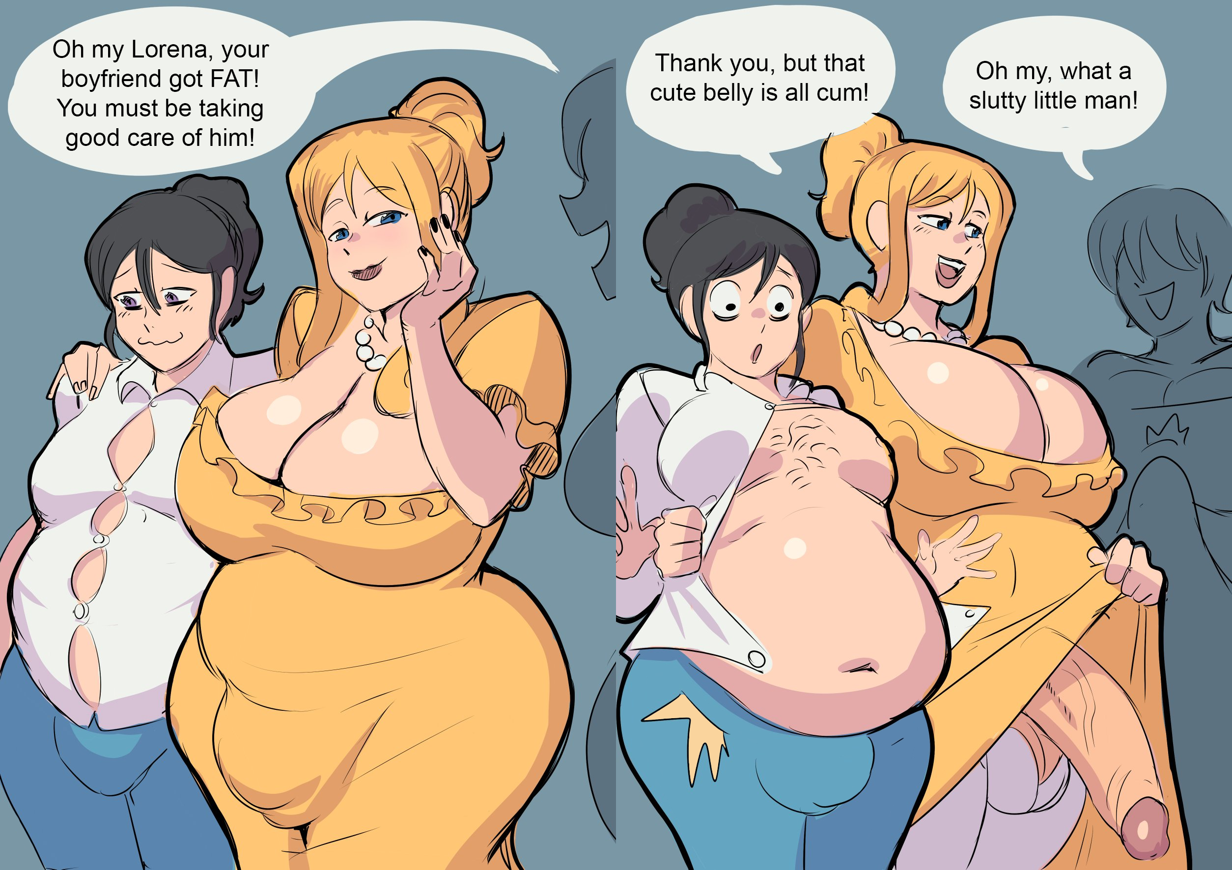 1boy, 1male, 2futas, arthur verdin, balls, blushing male, breasts, chest hair, chubby male, clothed, clothing, cumflated, cumflated belly, cumflation, duo focus, futa is bigger, futa on male, futadom, futanari, huge cock, human, light skin, madame lorena, male, mostly clothed, penis, public nudity, zestysauce