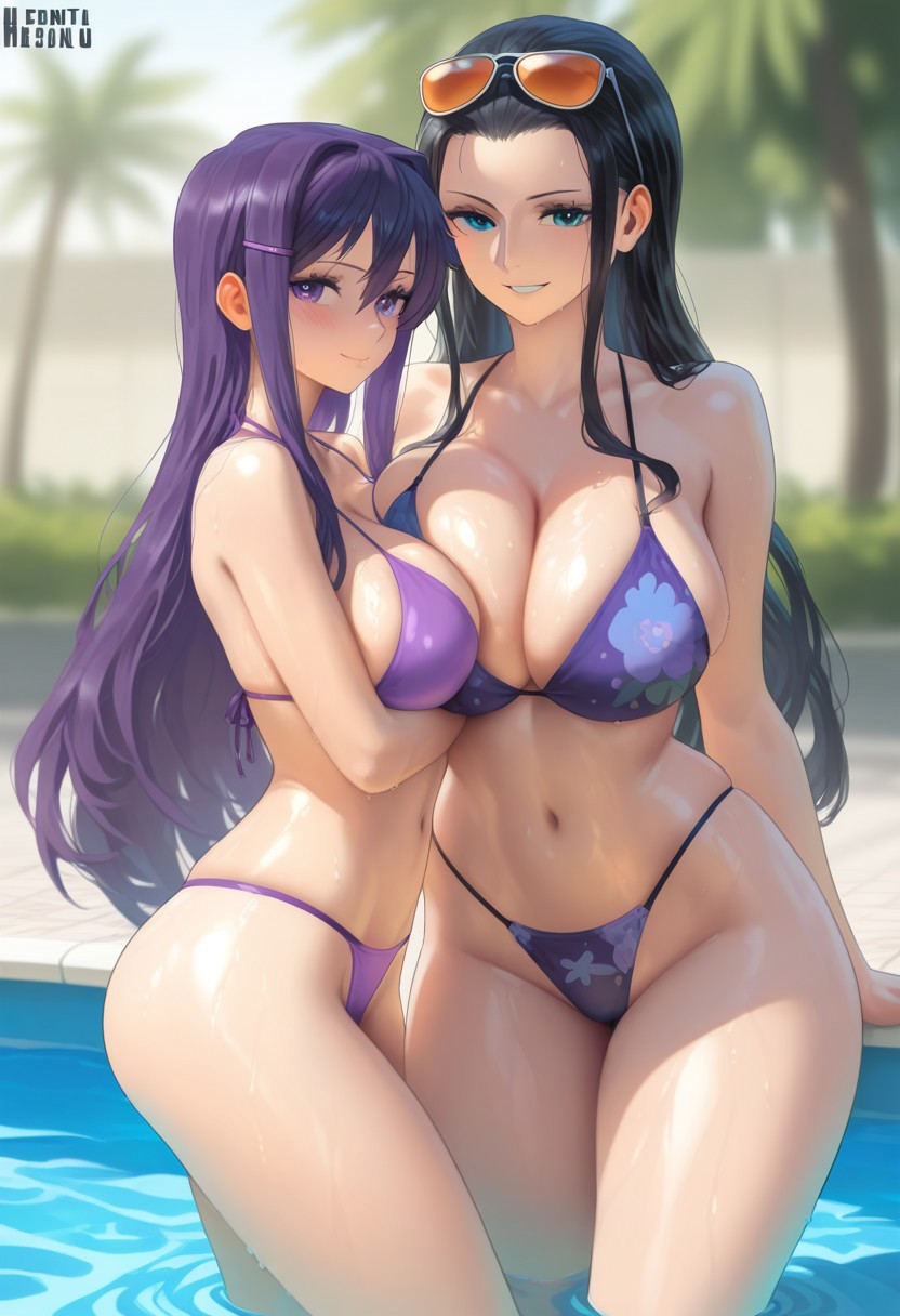 ai_art ai_generated bangs big_breasts bikini black_hair blue_eyes cleavage crossover doki_doki_literature_club flower_print in_pool in_water joyboy56 looking_at_viewer navel nico_robin one_piece pool poolside purple_eyes purple_hair standing_in_water sunglasses sunglasses_on_head swimsuit yuri_(doki_doki_literature_club)