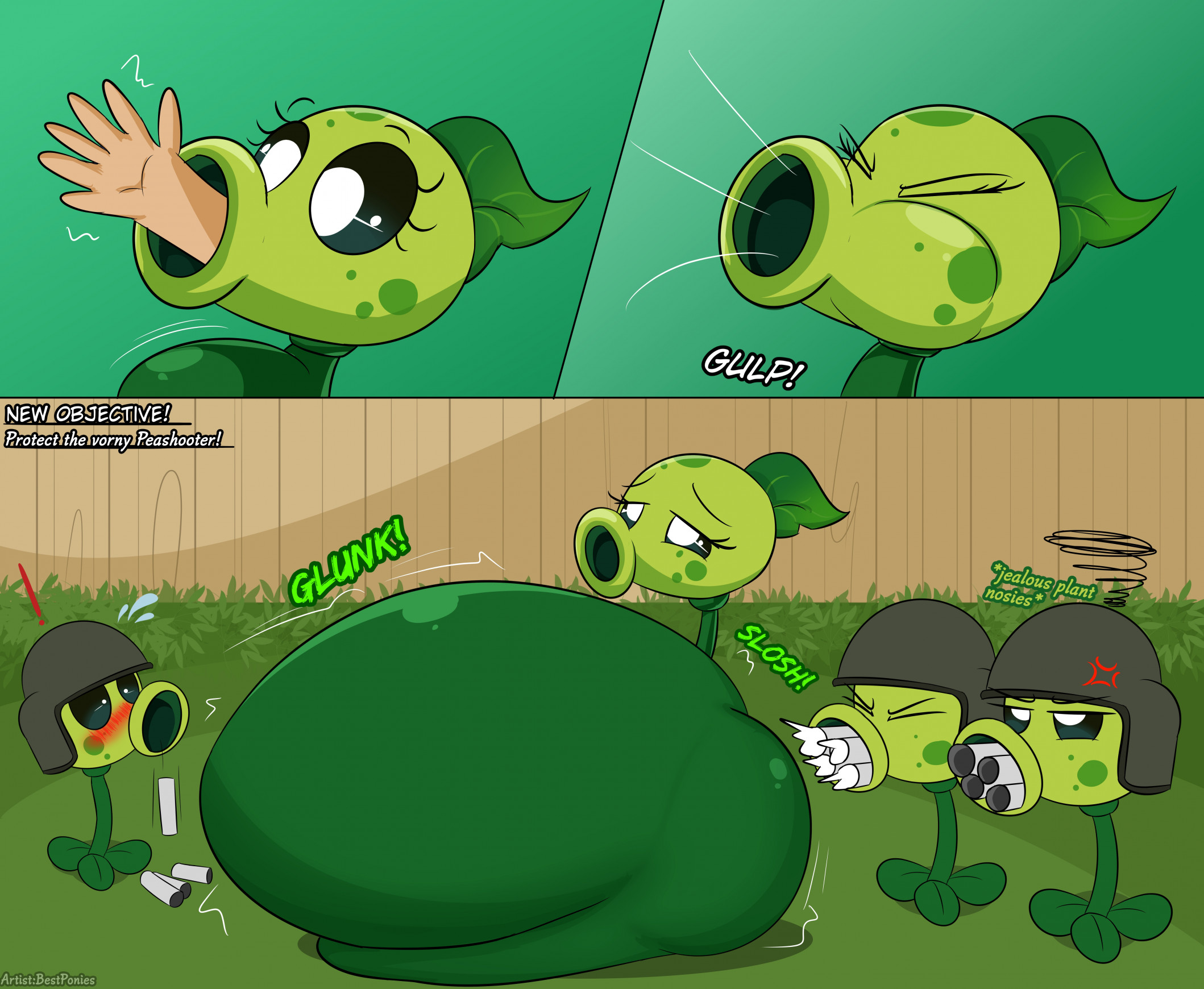 1girls, anthro, anthrofied, ass, belly, belly bulge, bestponies, breasts, digestion, fat, female, female pred, flora fauna, gatling pea (pvz), peashooter (pvz), plant, plant girl, plant humanoid, plantie, plants vs zombies, plants vs. zombies, popcap games, pred, pussy, vore, vore belly