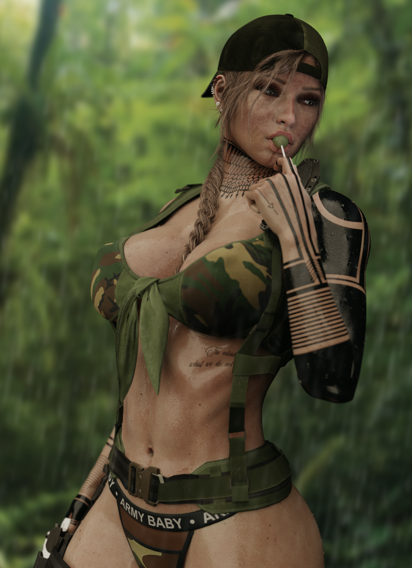 1girls, 3d, armed, ass, athletic, athletic female, backwards cap, backwards hat, bad bitch, big ass, big breasts, big thighs, bikini, bitchy, blender, blender cycles, braided hair, breasts, brown eyes, brown hair, camouflage, cap, cleavage, female, female only, glistening body, gun, harness, highres, huge breasts, impractical armor, impractical clothing, impractical outfit, jungle, lara croft, lara croft (survivor), leg wraps, light skin, lolipop, long hair, looking away from viewer, military, nipple bulge, panties, pinup, rain, raining, revealing clothes, self upload, solo, tattoo, tattoos, thick ass, thick thighs, tomb raider, tomb raider (survivor), weapon, wet, wet body, wet skin, writing on clothes, your waifu