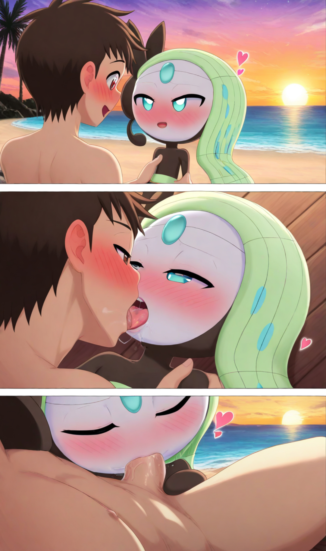 1boy, 1girls, ai generated, aunovaguy, blowjob, deepthroat, female, french kiss, horny female, kissing, looking at viewer, looking pleasured, male, male human/female humanoid, male human/female pokemon, male/female, meloetta, meloetta (aria form), mythical pokemon, oral, pokemon, pokemon (species), pokephilia