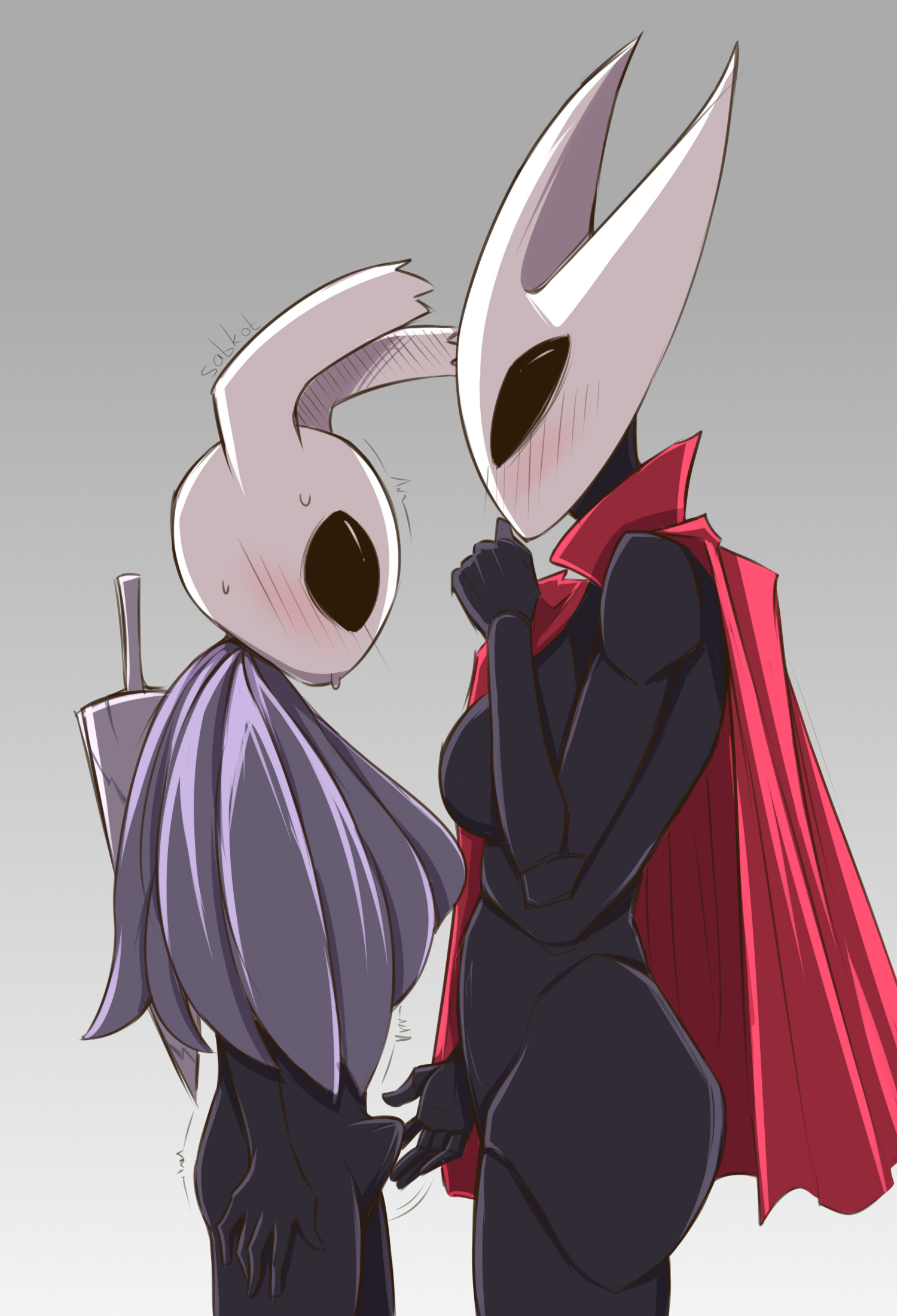 1boy, 1girls, artist request, ass, blush, erection, fanart, female, hollow knight, hornet (hollow knight), horny, male, nervous, nervous smile, protagonist (hollow knight), sexy, the knight (hollow knight), tits, unknown artist