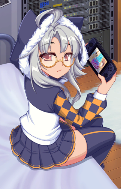 1girls bed cat_ears crush_crush female female_focus female_only gaming glasses gray_hair nintendo nintendo_switch nutaku ruri_(crush_crush) sad_panda_studios sfw skirt