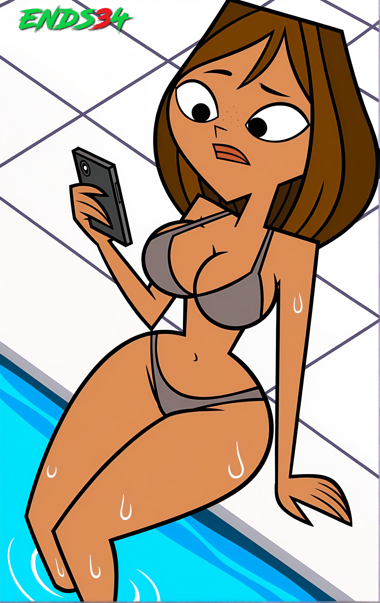2025, ai generated, big breasts, bikini, bikini top, breasts, courtney (tdi), dark skin, dark-skinned female, ends34, female, female only, pulling, total drama island, wet