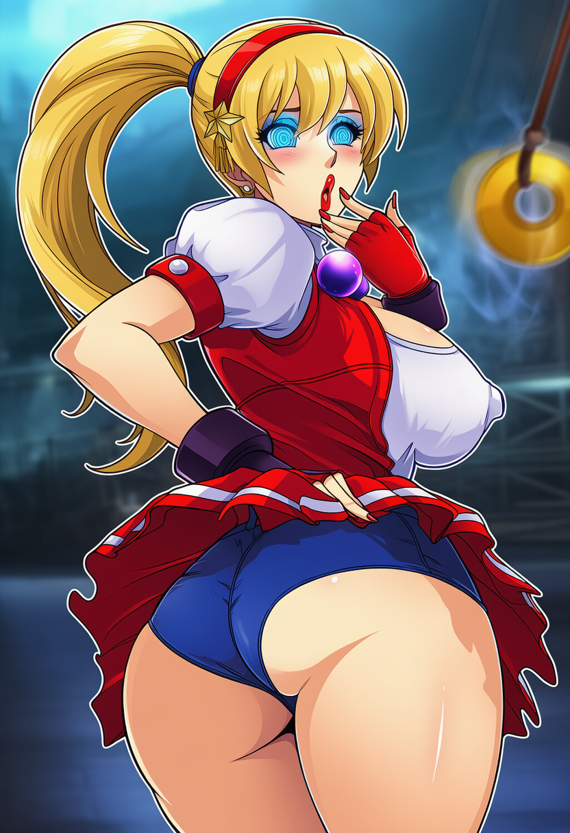 ai_generated alternate_outfit athena_asamiya athena_asamiya_(cosplay) bimbo blonde_hair blue_eyeshadow fatal_fury feminization hypnosis king_of_fighters king_of_fighters_97 mascara red_lipstick rule_63 sano-br snk terry_bogard