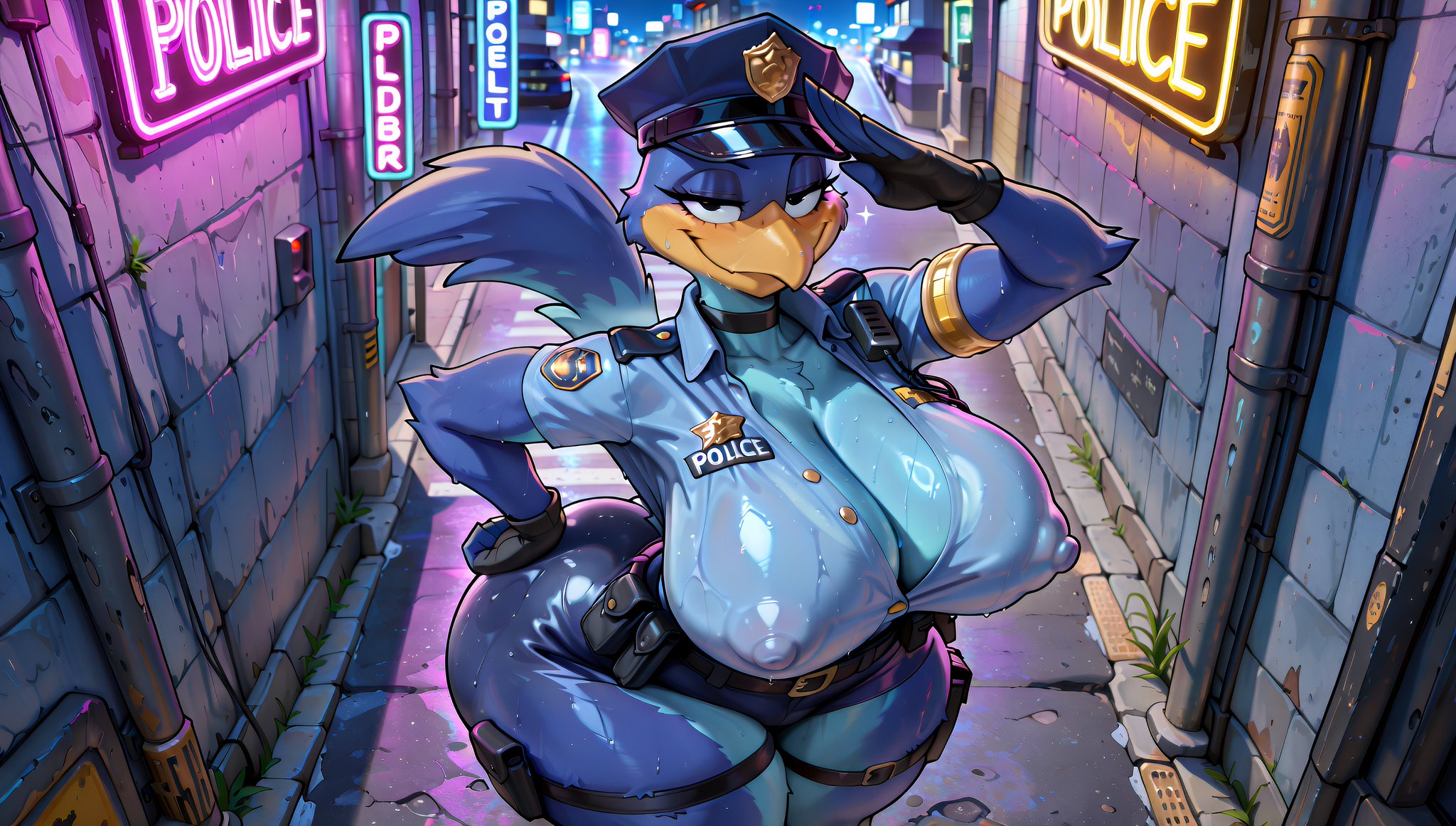 1girls, 2025, 2025s, above view, ai assisted, ai generated, anthro, anthro female, anthrofied, areola, areolae, avian, avian humanoid, badge, beak, bedroom eyes, big breasts, big thighs, bird, bird girl, bird humanoid, black eyes, blue body, blue feather, blue feather hair, blue feathers, blue hair, blue skirt, blue tail, breasts, choker, closed beak, crossgender, cuculiform, erect nipples, eyebrows, eyelashes, feather hair, feathered tail, feathers, female, female anthro, female focus, female only, fingerless gloves, fully clothed, fur, furry, furry female, genderswap, genderswap (mtf), gloves, half-closed eyes, handwear, hi res, high quality, high resolution, highres, huge breasts, huge thighs, illustrious (stable diffusion), large breasts, leg belt, looking at viewer, looney tunes, mammal, massive breasts, mtf crossgender, narrowed eyes, neon lights, new world ground cuckoo, night, nighttime, nipples, outdoors, outside, police, police girl, police hat, police uniform, policewoman, pony diffusion (model), pony diffusion xl, road runner (looney tunes), roadrunner, rule 63, rule63, salute, skirt, smile, smiling, smiling at viewer, solo, solo female, solo focus, space jam, space jam: a new legacy, stable diffusion, standing, street, sweat, sweatdrop, synthneon, tail, thick thighs, thighs, warner bros, warner bros. animation, warner brothers, wide hips, yellow beak
