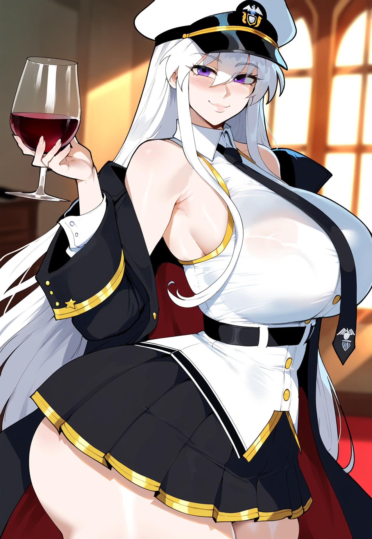 1girls, ai generated, ass, azur lane, big breasts, breasts, enterprise (azur lane), female, female focus, hat, hips, huge ass, huge breasts, juuicyai, large breasts, light skin, light-skinned female, looking at viewer, looking pleasured, purple eyes, thick thighs, thighs, white hair, wide hips