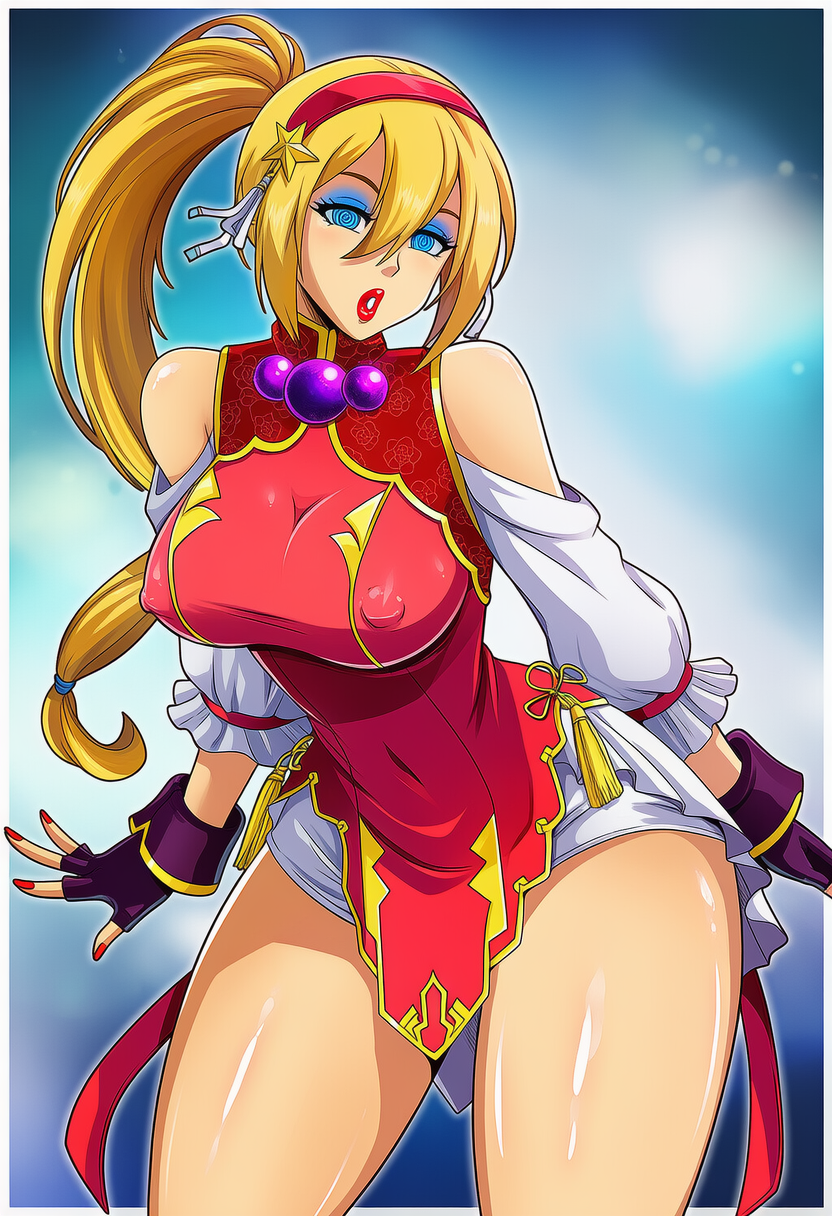 ai_generated athena_asamiya athena_asamiya_(cosplay) bimbo blonde_hair blue_eyeshadow fatal_fury feminization hypnosis king_of_fighters mascara psycho_soldier red_lipstick rule_63 sano-br snk terry_bogard