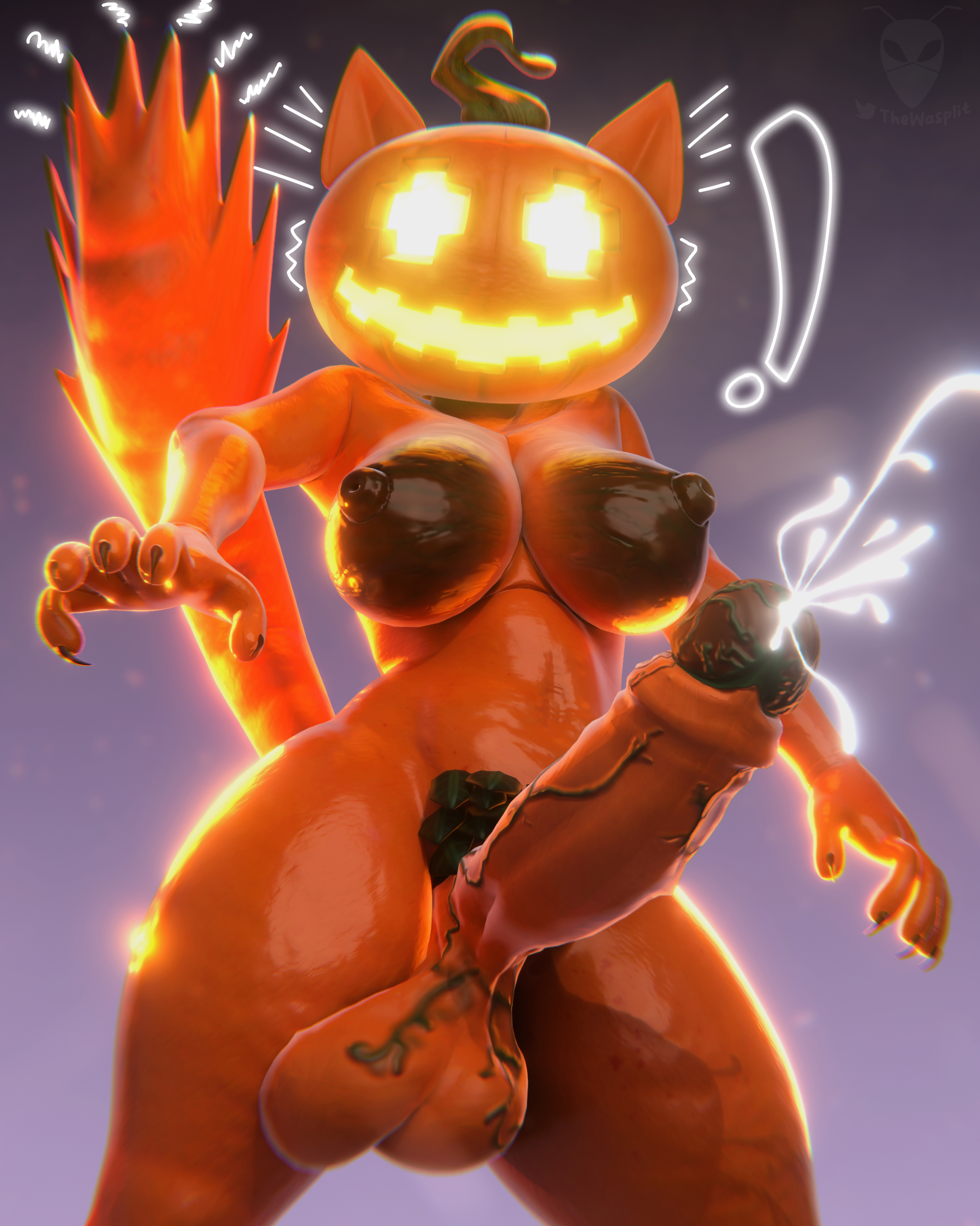 3d, 3d (artwork), 3d render, anthro, blender (software), blender eevee, claws, claws out, cum, cumming, dickgirl, fortnite, fortnite: battle royale, fortnitemares, furry, futanari, glowing, glowing eyes, glowing face, halloween, intersex, leaf pubes, leaves, leaves on body, looking at viewer, penis, scared, shocked, spice (fortnite), startled, video game, video game franchise, video games, wasplit