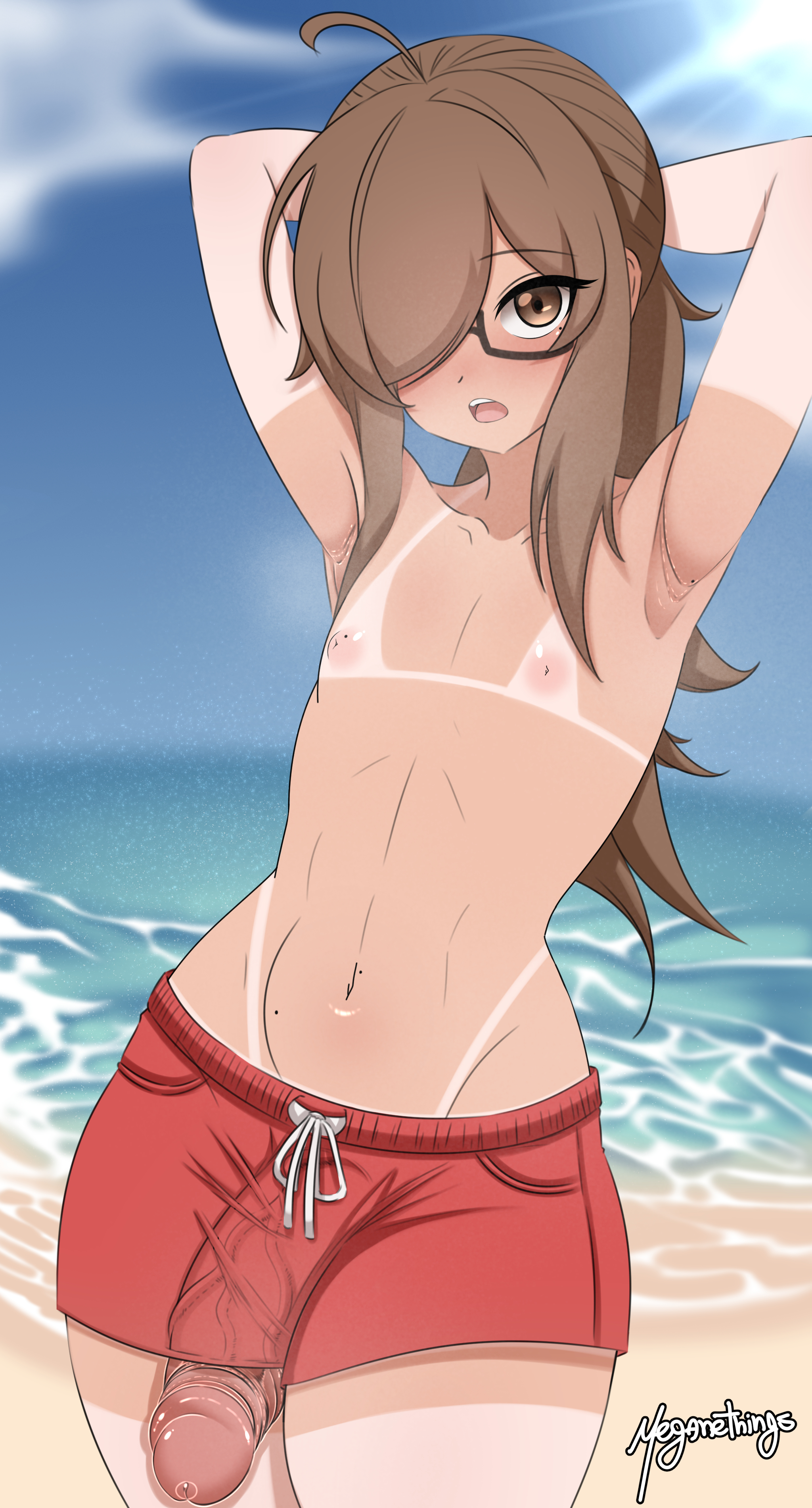1boy, 1femboy, armpit, armpits, background, beach, brown eyes, brown hair, embarrassed nude femboy, female, femboy, glasses, hair covering eye, hands behind head, huge cock, huge penis, long hair, looking at viewer, male, meganethings, open mouth, otoko no ko, penis, penis out, penis outline, penis peek, penis poking out, penis under clothes, precum, shorts, solo, solo female, solo focus, solo male, standing, tan lines, tanned, tanned femboy, tanned male, tanned skin, veiny penis, wide hips, yume (meganethings)