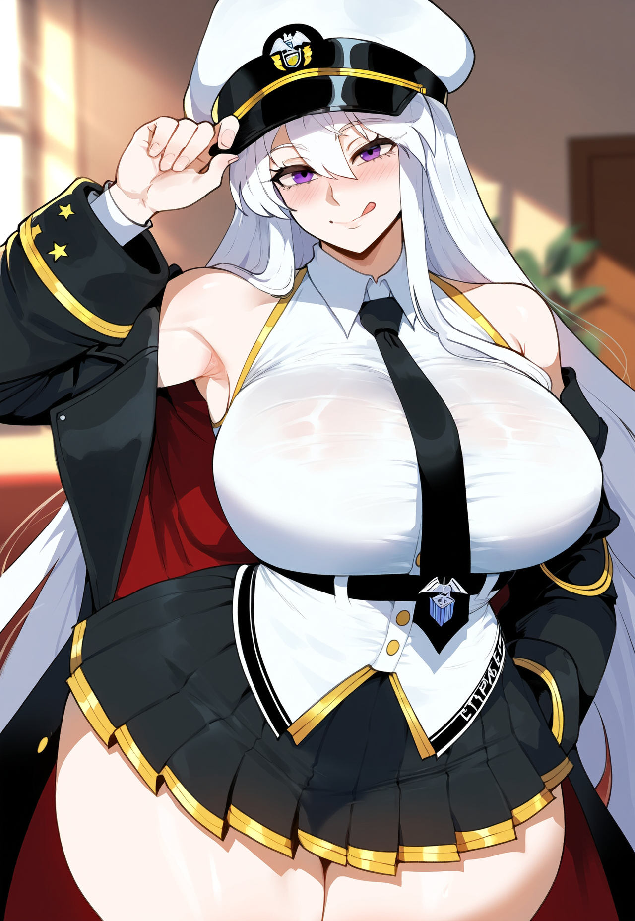 1girls, ai generated, ass, azur lane, big breasts, breasts, enterprise (azur lane), female, female focus, hat, hips, huge ass, huge breasts, juuicyai, large breasts, light skin, light-skinned female, looking at viewer, looking pleasured, purple eyes, thick thighs, thighs, white hair, wide hips
