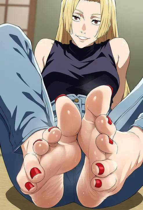 ai generated, big breasts, blonde female, blonde hair, breasts, feet, feet together, female, female only, flexible toes, foot fetish, foot focus, jujutsu kaisen, long hair, looking at viewer, mature, mature female, mommy, red nails, sexy body, smiling, smiling at viewer, soles female, thick, titties, toenail polish, toes, yuki tsukumo