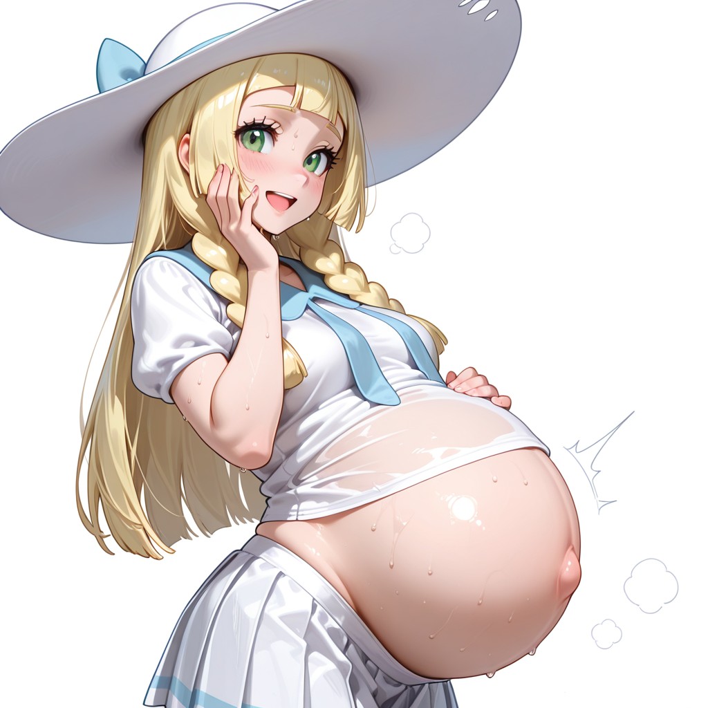 1girls, ai generated, blonde hair, blush, eyelashes, female, hand on belly, hand on face, huge belly, lillie (pokemon), looking at viewer, open mouth, pleated skirt, pokemon, pokemon sm, pregnant, pregnant belly, pregnant female, sidelocks, simple background, smile, sweat, white background, white headwear, white shirt, white skirt