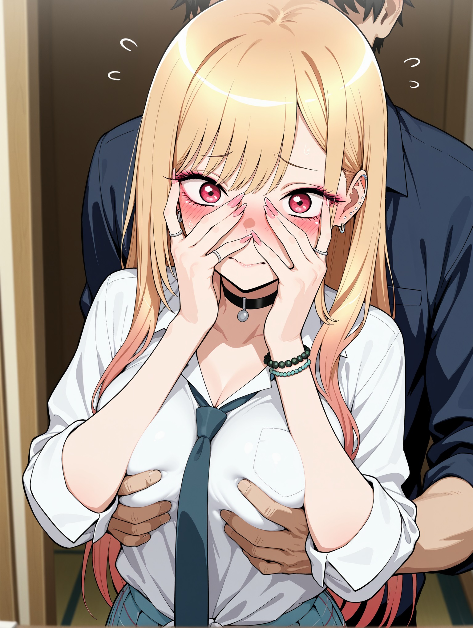 1boy, 1girls, ai generated, blush, breasts, clothed, female, grabbing, grabbing another's breast, grabbing breasts, grabbing from behind, groping, groping breasts, groping from behind, hiding, high quality, high resolution, highres, kitagawa marin, male, my dress up darling, rukiakira, sono bisque doll wa koi wo suru