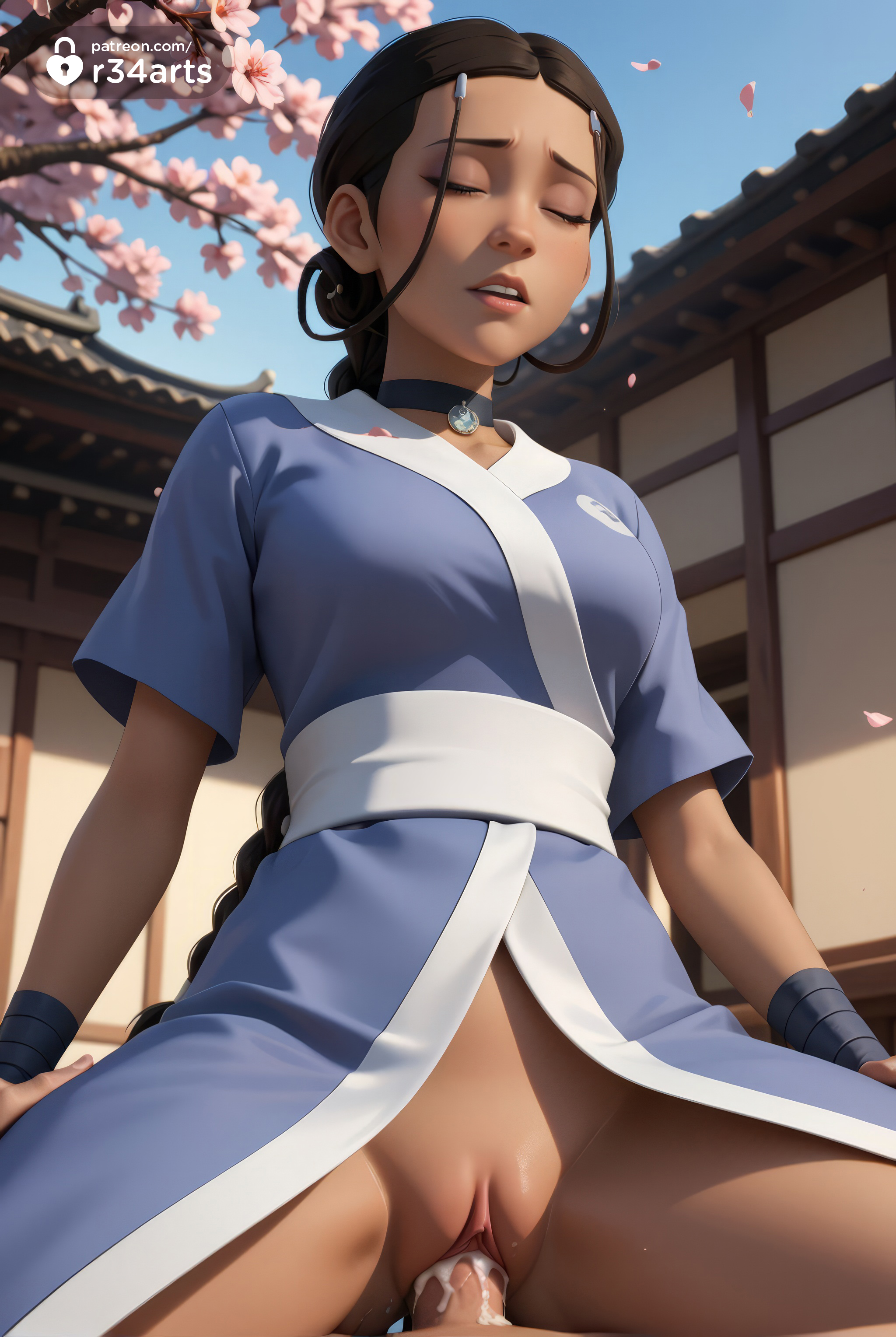 1boy, 1girls, ai generated, artist name, avatar legends, avatar the last airbender, black hair, braid, braided ponytail, breasts, cherry blossoms, choker, closed eyes, cowgirl position, cum, cum in pussy, cum overflow, dark skin, day, east asian architecture, female, hair ornament, hi res, japanese clothes, katara, kimono, long hair, male, nickelodeon, nicktoons, open mouth, outdoors, patreon logo, penis, pussy, r34arts, sash, sex, solo focus, straddling, straight, teeth, twitter logo, uncensored, upper teeth, vaginal penetration, vaginal sex