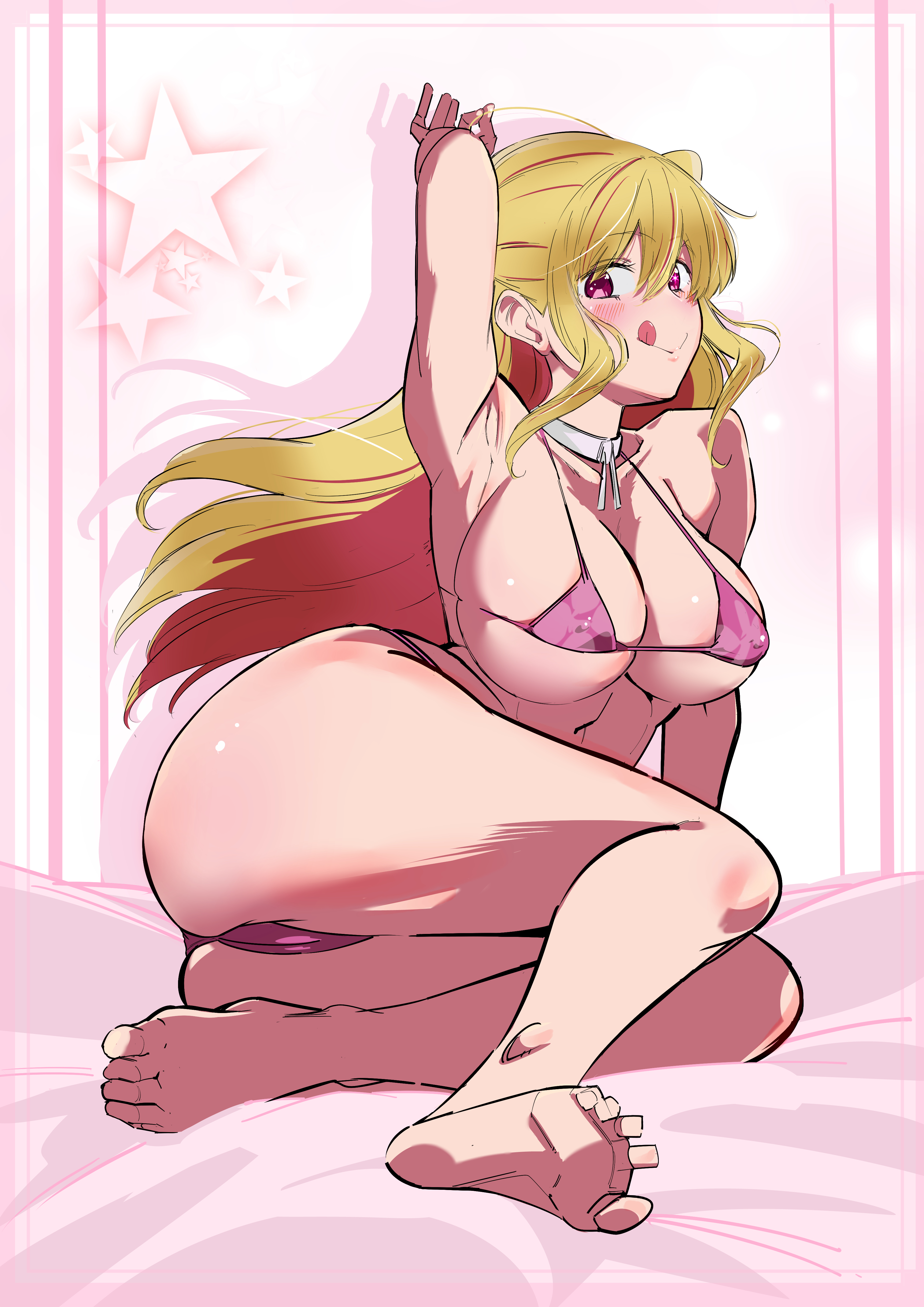 1girls, alternate breast size, ankles, arm above head, arm support, arm up, armpit crease, armpit peek, armpits, ass, bare armpits, bare ass, bare back, bare belly, bare breasts, bare butt, bare calves, bare chest, bare hands, bare hips, bare knees, bare legs, bare midriff, bare navel, bare shoulders, bare soles, bare thighs, bare tits, bare torso, barefoot, belly, bewitching thighs, big breasts, bikini, bikini bottom, bikini only, bikini top, blonde eyebrows, blonde female, blonde hair, blonde-haired female, blush, blush face, blushing at viewer, blushing female, breasts, bust cup, busty, busty female, busty teenager, calves, child bearing hips, choker, closed mouth smile, collarbone, coriponz, curvaceous, curvaceous body, curvaceous female, curvaceous figure, curvaceous hips, curvaceous teenager, curvy, curvy body, curvy female, curvy figure, curvy hips, elbows, exposed armpits, exposed arms, exposed ass, exposed back, exposed belly, exposed breasts, exposed butt, exposed chest, exposed hips, exposed legs, exposed midriff, exposed navel, exposed shoulders, exposed skin, exposed thighs, exposed tits, exposed toes, exposed torso, eyebrows visible through hair, feet, female, female focus, female only, fingers, full body, groin, hair between eyes, hairless armpits, halterneck, hand above head, hand up, high resolution, high school student, highres, hoshino ruby, hourglass figure, idol, knees, large breasts, lean figure, legs, long hair, looking at viewer, micro bikini, midriff, narrow waist, nipple bulge, oshi no ko, pink background, pink bikini, pink bikini bottom, pink bikini top, pink eyes, pink string bikini, pink swimsuit, pink swimwear, pink-eyed female, plump breasts, ponytail, pussy, schoolgirl, shaved armpits, shoulders, side ponytail, sideboob, simple background, sitting, slender body, slender waist, slim waist, smile, smiley face, smiling at viewer, smirk, soles, solo, star eyes, star-shaped pupils, string bikini, swimsuit, swimwear, teenage female, teenager, thick thighs, thighs, thong bikini, toes, tongue, tongue out, underboob, wide hips, yellow eyebrows, yellow hair, yellow-haired female, young female, young woman