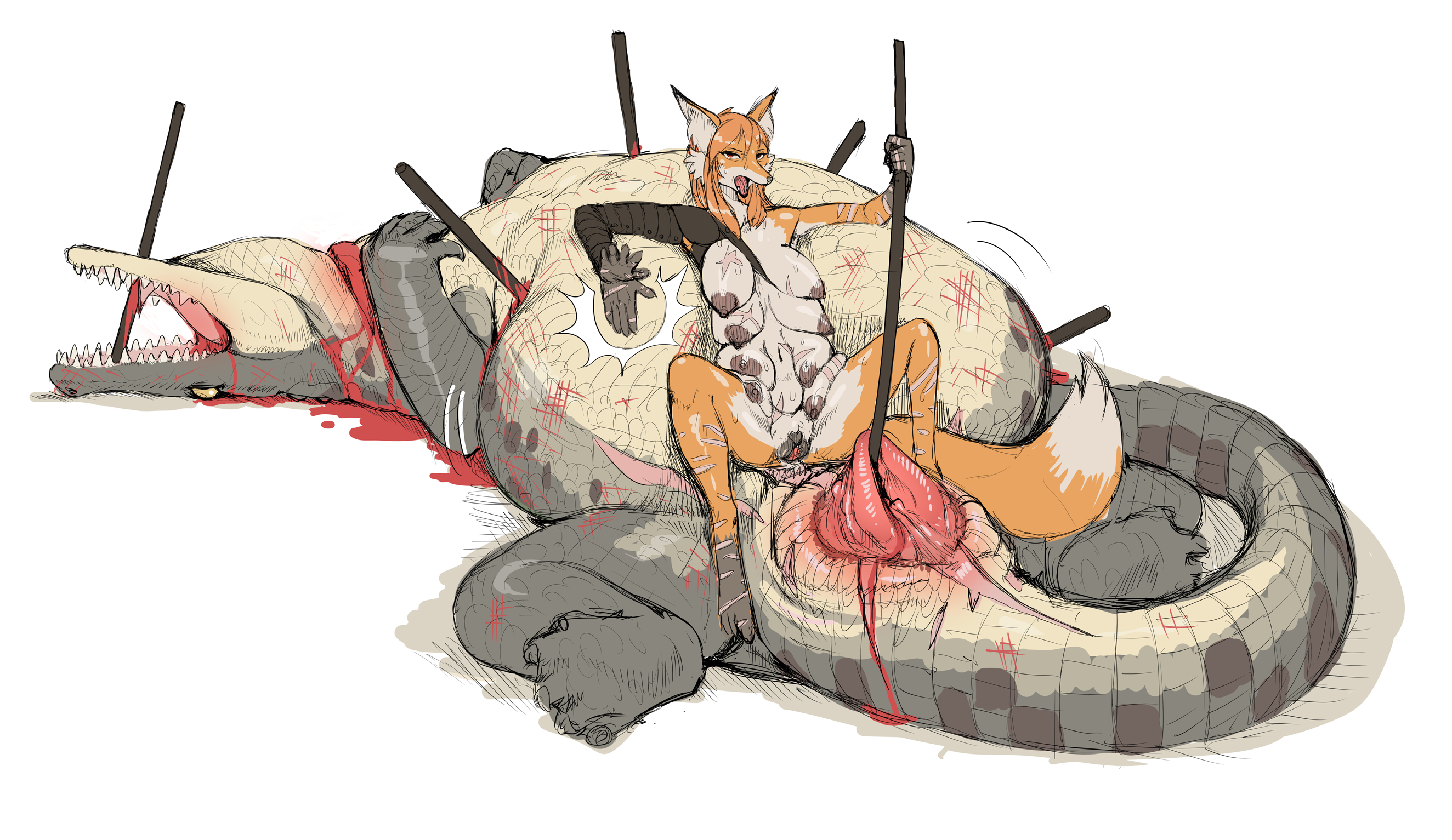 2girls, alligator, anthro, blood, breasts, cloaca, death, female, female death, fox, furry, gore, guro, impalement, male, malesub, mammal, mature female, multi breast, nude, reptile, sagging breasts, scars, the guron, weapon