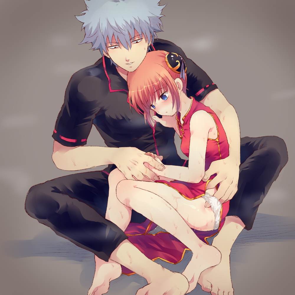 1boy 1girls age_difference barefoot black_pants black_shirt blue_eyes blush brown_hair bun_cover china_dress chinese_clothes dress eyebrows_visible_through_hair female ginkamiaki gintama gintoki_sakata grey_background hair_between_eyes hair_bun handjob kagura_(gintama) male older_male panties pants penis red_dress ribbon-trimmed_sleeves ribbon_trim shirt short_hair short_sleeves side_slit silver_hair sleeveless sleeveless_dress sweat underwear white_panties younger_female