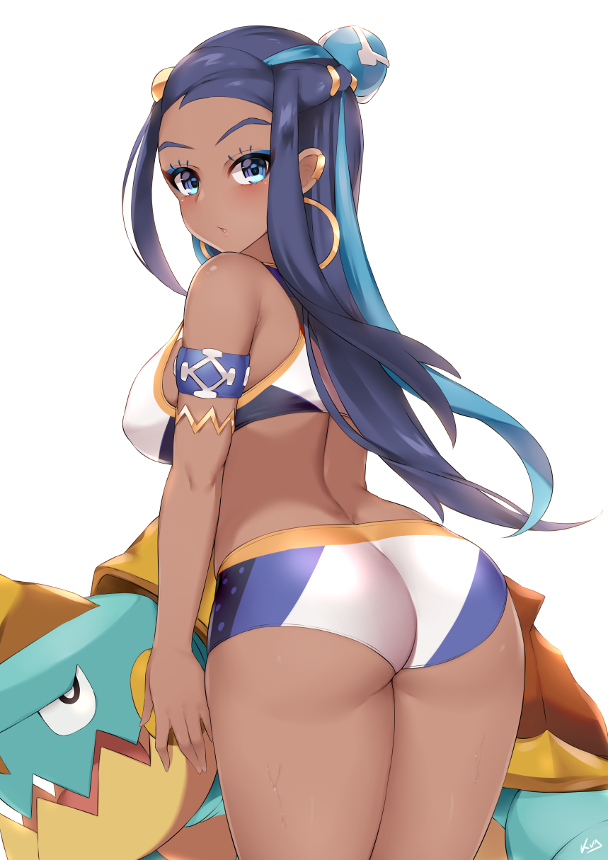 1girls, ambiguous gender, ass, ass cleavage, ass crack, big ass, blue eyes, blue hair, breasts, butt crack, cleavage, clothed, dark skin, dark-skinned female, earrings, female, female focus, feral, kuavera, large breasts, looking at viewer, looking back, nessa (pokemon), nintendo, pokemon, pokemon ss, solo focus, sports bra, thighs, white background, wide hips