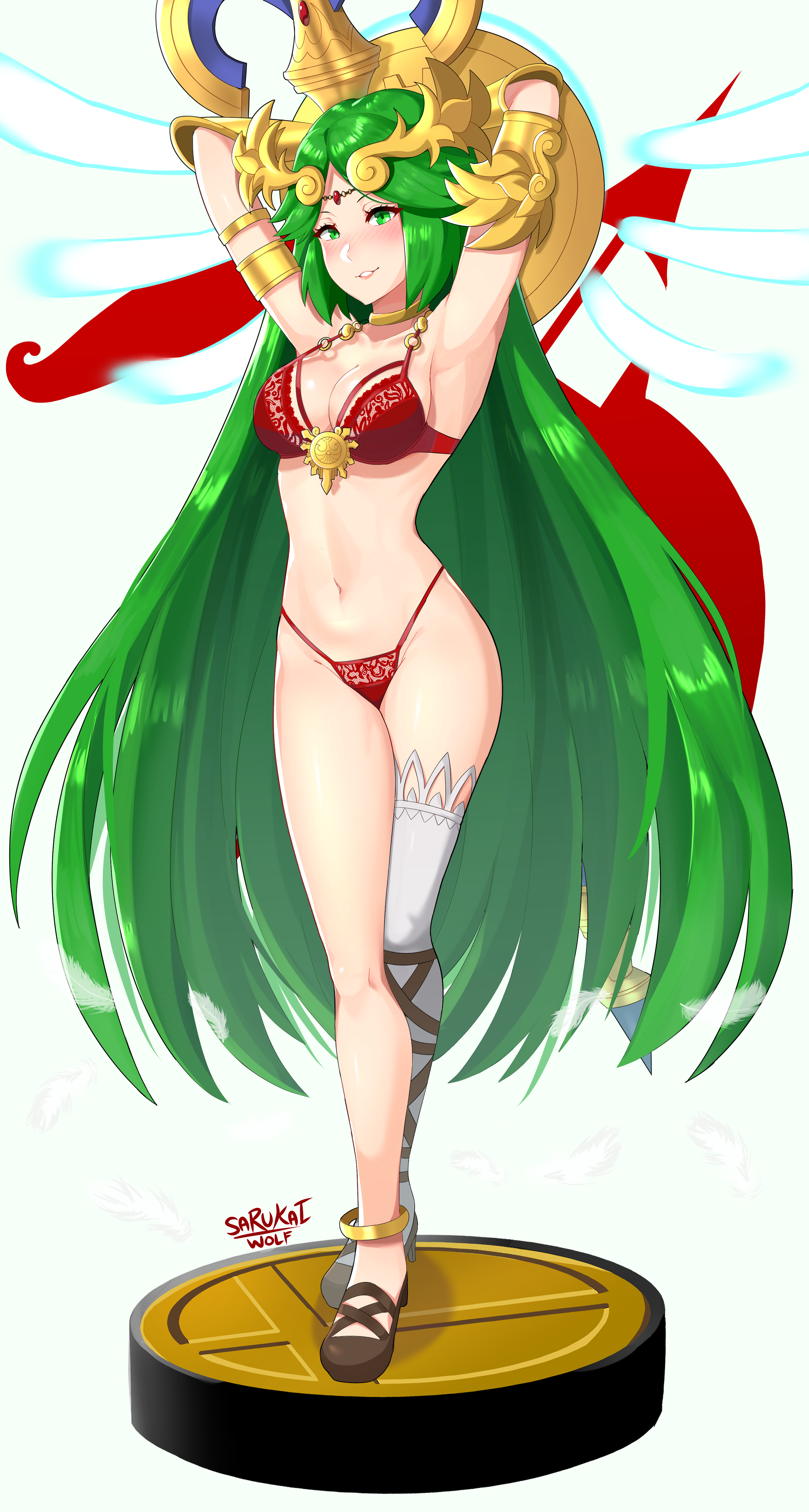 1girls, abs, absurd res, amiibo, armpits, arms above head, ass, big ass, big breasts, bikini, bra, breasts, cleavage, clothed, curvy, deity, feet, female, female only, gladiator sandals, goddess, green eyes, green hair, highres, kid icarus, lingerie, long hair, nintendo, palutena, pose, red underwear, sarukaiwolf, solo, super smash bros., text, thighhighs, very long hair, wide hips