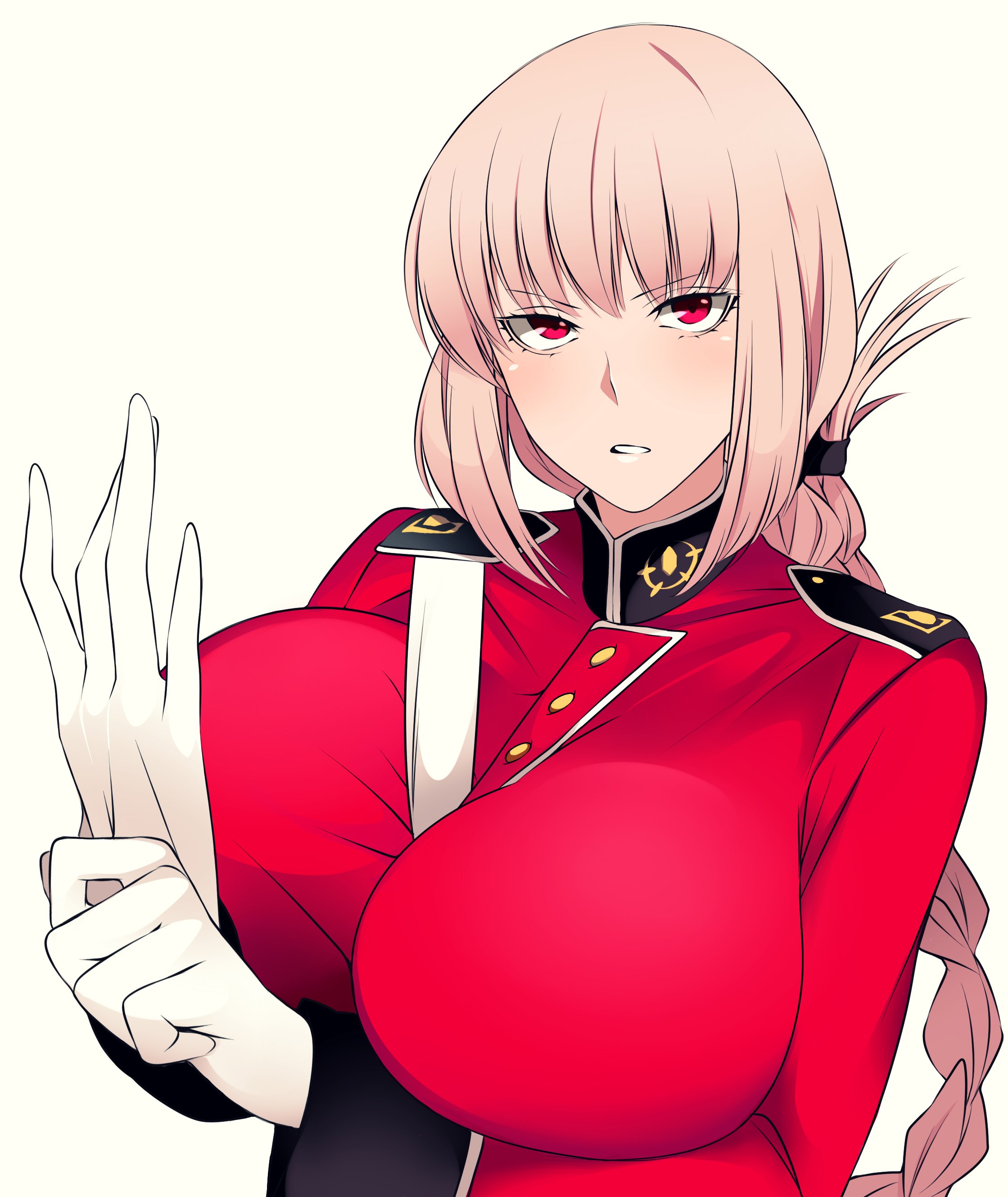 1girls, braided ponytail, breasts, camui kamui (hz 666v), clothed, clothed female, clothing, fate (series), fate/grand order, female, female only, florence nightingale (fate), gloves, large breasts, light skin, light-skinned female, long hair, looking at viewer, mature female, pink hair, red coat, red eyes, servant (fate), solo, white gloves