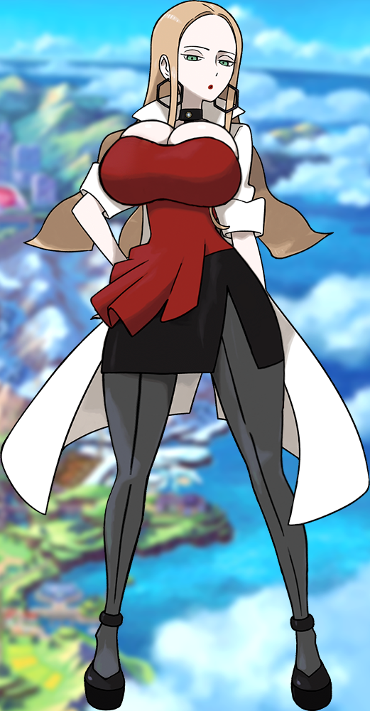 1girls, alternate breast size, artist request, blonde hair, breasts, clothed, earrings, female, green eyes, huge breasts, human, human only, lipstick, long hair, nintendo, oleana (pokemon), olive (pokemon), pokemon, pokemon ss, pokemon swsh, pose, thick thighs, wide hips