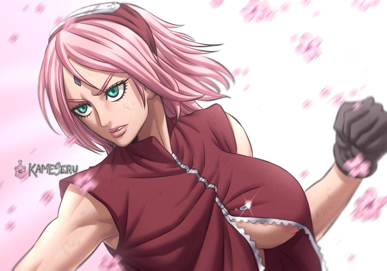 1girls, accidental exposure, areola slip, areolae, boruto: naruto next generations, breasts, clenched fist, clenched hand, female, female only, fighting, fighting stance, flowers, forehead jewel, forehead protector, fully clothed, gloves, green eyes, kameseru, long hair, naruto, naruto (series), naruto: the last, pink hair, pink-haired female, sakura haruno, scratches, sleeveless, sleeveless shirt, solo, underboob, unzipped, wardrobe malfunction