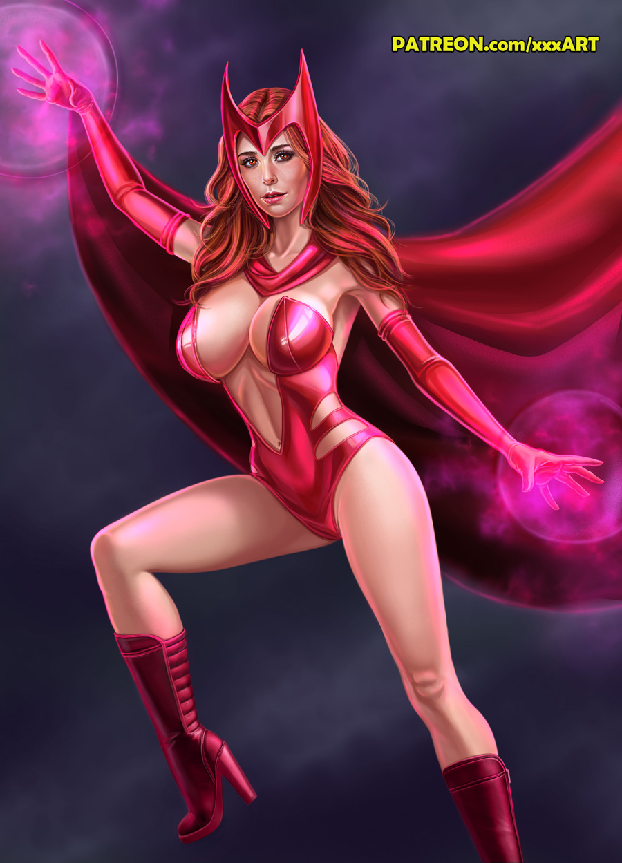 1girls, actress, avengers, big breasts, boots, breasts, cape, celebrity, clothing, curvy, elizabeth olsen, female, female only, hair, hair ornament, long hair, marvel, marvel cinematic universe, marvel comics, mutant (marvel), real person, red eyes, rzhevskii, scarlet witch, solo, straight hair, url, wanda maximoff, x-men