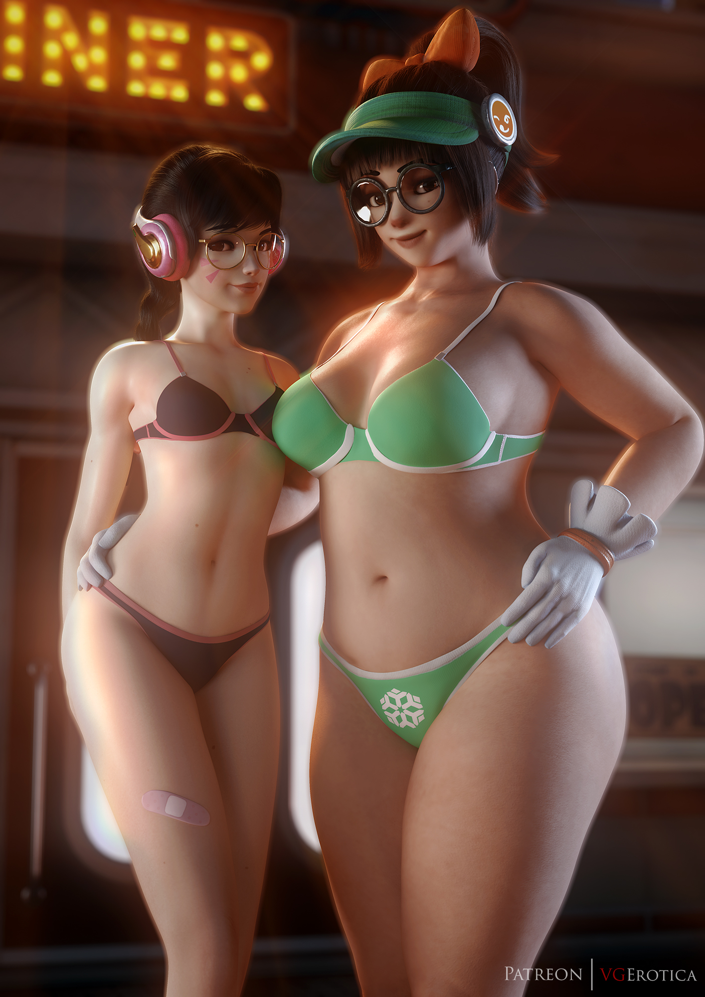 2girls, 3d, academy d.va, alternate costume, autodesk maya, bra, breasts, cleavage, d.va, female, female only, glasses, honeydew mei, looking at viewer, mei (overwatch), overwatch, panties, thick thighs