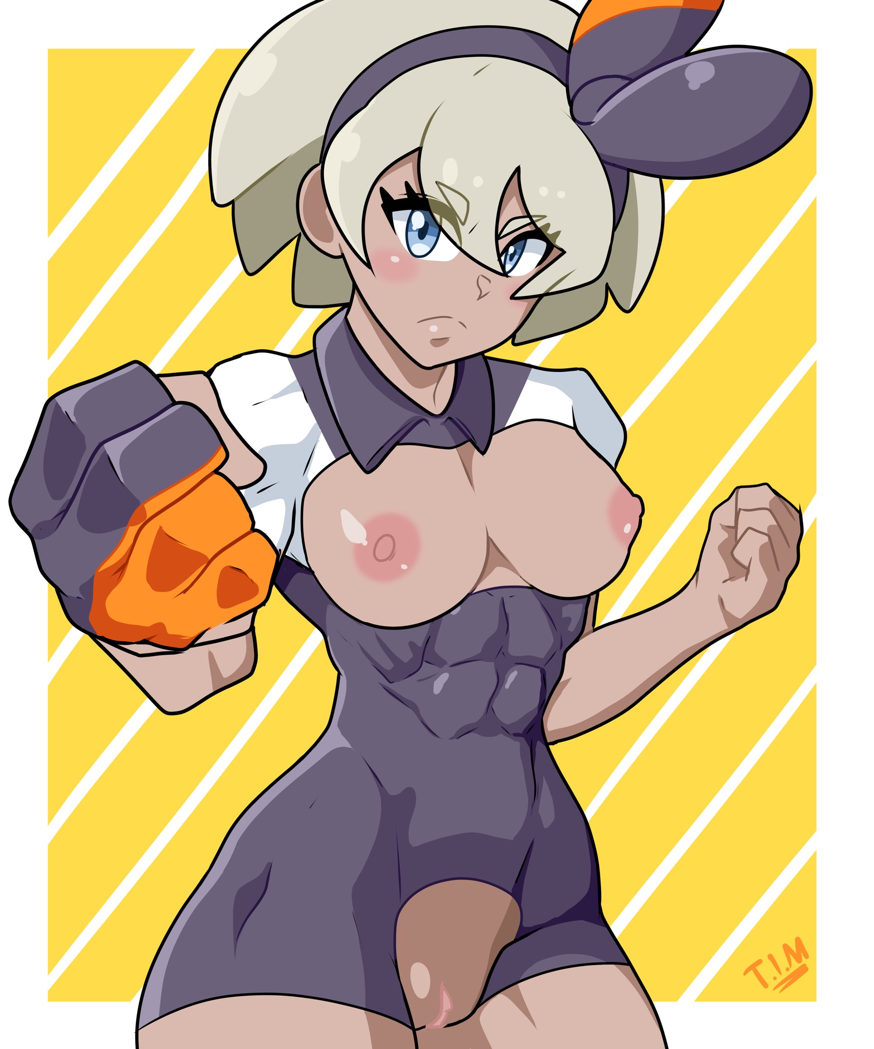 1girls, 2d, abs, bea (pokemon), breastless, breasts, breasts out, brown skin, brown-skinned female, chestless, clothes, crotchless, dark skin, dark-skinned female, exposed, exposed breasts, exposed pussy, female, female only, functionally nude, hairband, human, human only, looking at viewer, nintendo, nipples, pokemon, pokemon ss, pussy, solo, theironmountain, thighs