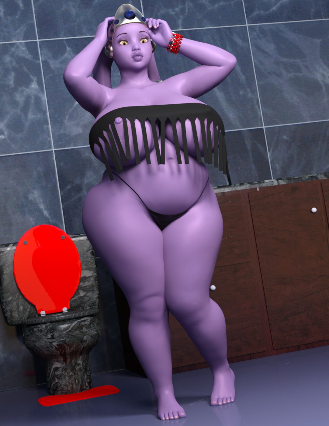 1girls, 3d, alien, alien girl, bald, bare shoulders, barefoot, bbw, big breasts, bimbo, bracelet, breasts, busty, chubby, cleavage, curvy, detailed background, erect nipple, erect nipples, evolluisionist, eyelashes, female, female only, front view, half dressed, half-dressed, headgear, hourglass figure, humanoid, indoor, inside, lekku, lingerie, looking down, looking up, mammal, nipple slip, nipples, no bra, original character, pose, posing, purple skin, shadow, shiny, shiny skin, sink, solo, standing, star wars, thick lips, thick thighs, thong, toilet, twi'lek, voluptuous, wide hips, yellow eyes
