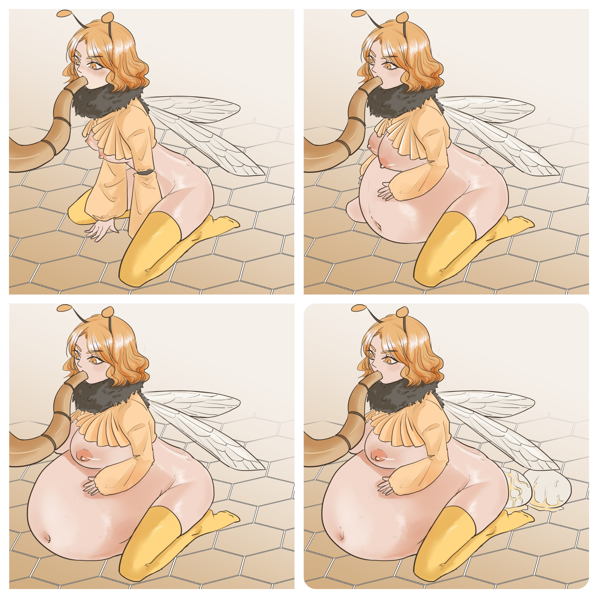 bee girl, belly, big belly, birthing, breasts, egg laying, eggs, female, inflation, nipples, pregnant, wariza, white1st