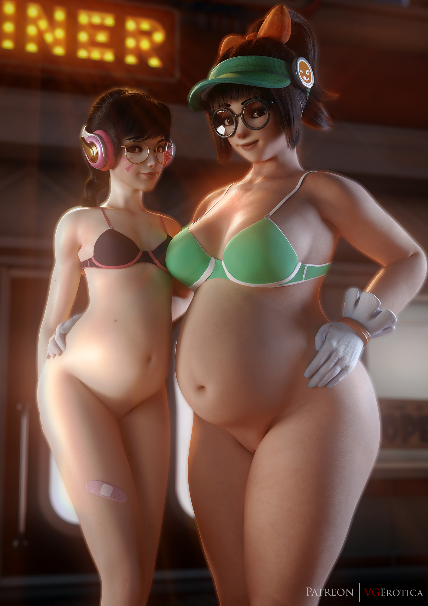 2girls, 3d, academy d.va, alternate costume, asian, asian female, autodesk maya, bra, breasts, cleavage, curvy, d.va, female, female only, glasses, gloves, honeydew mei, huge belly, looking at viewer, mei (overwatch), overwatch, pregnant, pregnant female, pussy, ready to pop, teenager, thick thighs, vgerotica
