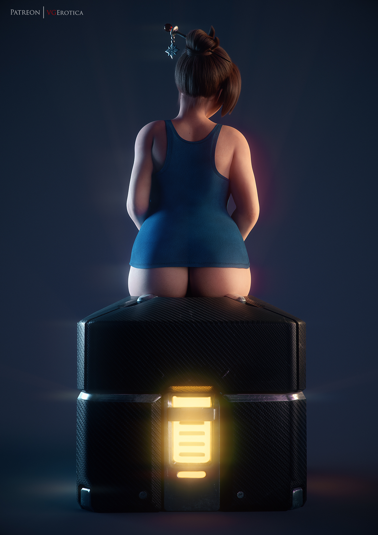 1girls, 3d, ass, autodesk maya, big ass, big butt, blizzard entertainment, bottomless, curvy, female, female only, large ass, lootbox, mei (overwatch), overwatch, sitting, solo, thick, vgerotica, wide hips