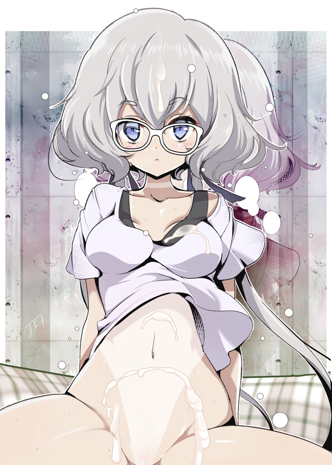 :o bespectacled blue_eyes blush bottomless breasts cum cum_on_body cum_on_breasts cum_on_hair cum_on_upper_body ejaculation eyebrows_visible_through_hair female glasses hair_between_eyes hair_ribbon half-closed_eyes jet_yowatari konno_junko looking_at_viewer low_twintails navel open_mouth out-of-frame_censoring ribbon shirt short_sleeves silver_hair small_breasts solo spread_legs stomach tan tanline twintails white-framed_eyewear white_shirt zombie_land_saga