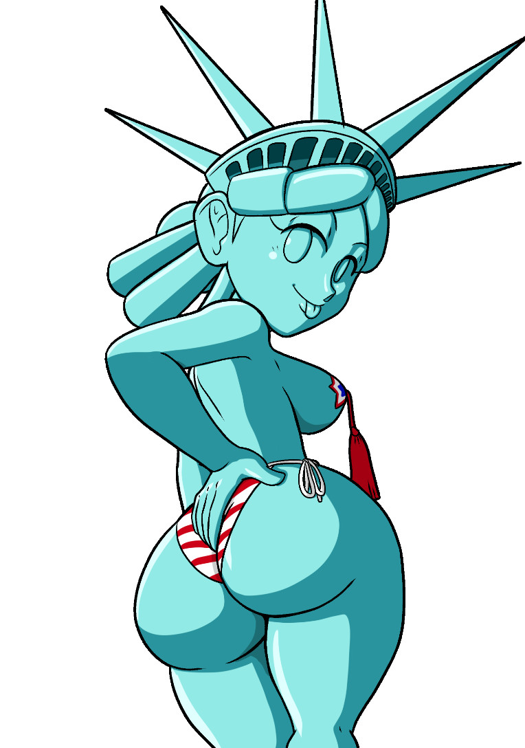 1girls american_flag american_flag_bikini ass big_ass bikini blue_skin bottom_heavy breasts bubble_butt busty dat_ass fat_ass female female_only flag_bikini green_skin hand_on_ass large_ass looking_at_viewer looking_back metallic_body pasties public_domain sideboob solo statue statue_of_liberty tansau thick_ass thick_thighs tongue_out white_background