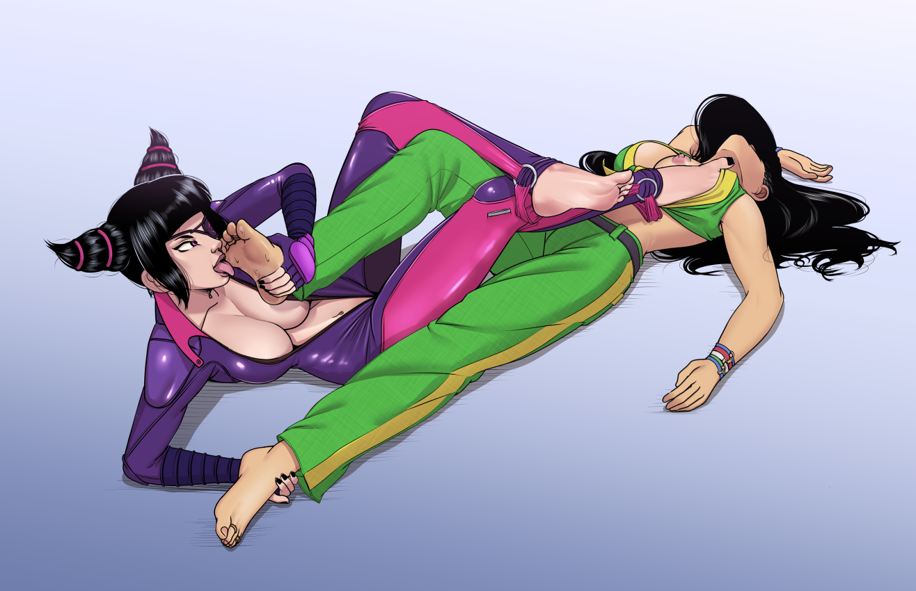 2019, 2girls, areolae, barefoot, big breasts, brazilian, brazilian female, breasts, capcom, cleavage, feet, female, female only, foot fetish, foot lick, juri han, kidetic, kusujinn, large breasts, laura matsuda, multiple females, multiple girls, nipples, open mouth, street fighter, street fighter v, toes, tongue, tongue out, yuri
