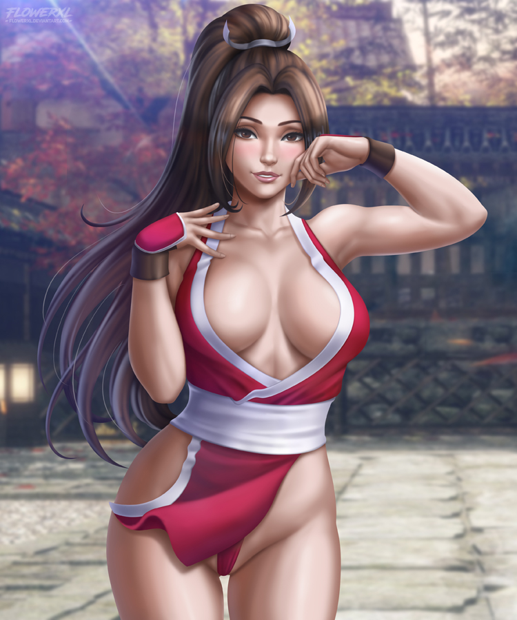 1girls, abs, armpits, breasts, cleavage, deviantart, eye contact, fatal fury, female, female only, flowerxl, huge breasts, king of fighters, long hair, looking at viewer, mai shiranui, outdoors, ponytail, pose, revealing clothes, snk, solo, standing, thick thighs, thigh gap, thong, url, watermark, wide hips