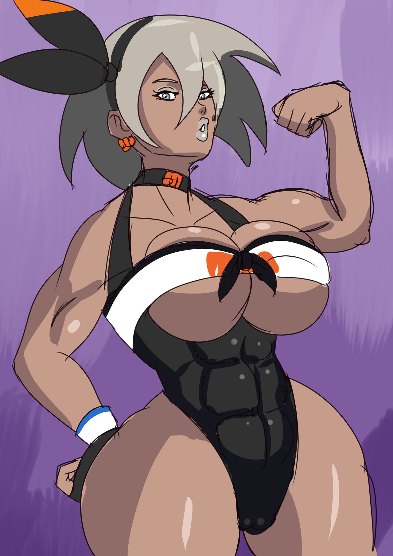 1girls abs alternate_breast_size annon ass bea_(pokemon) big_ass big_breasts bimbo bodysuit breasts cameltoe choker cleavage clothed covered_nipples dark-skinned_female dark_skin earrings female female_only game_freak gloves gray_hair gray_lipstick hair_bow hairband leotard looking_at_viewer looking_down muscular muscular_female nintendo pokemon pokemon_ss short_gray_hair short_hair solo thick_thighs wide_hips