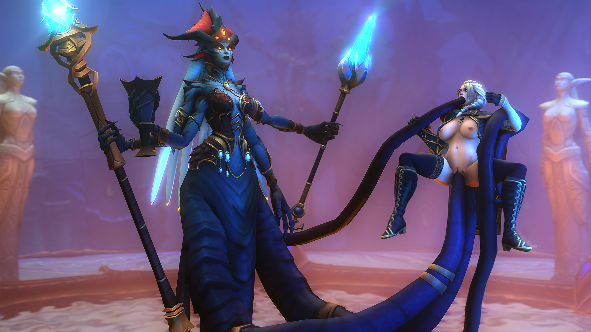 2girls, 3d, anal, blue eyes, boots, deep penetration, deepthroat, double penetration, female, female only, forced, human, jaina proudmoore, naga, oral, orange eyes, pussy, queen azshara, spread legs, stockings, stomach bulge, tentacle, vaginal penetration, white hair, world of warcraft, zentaeron